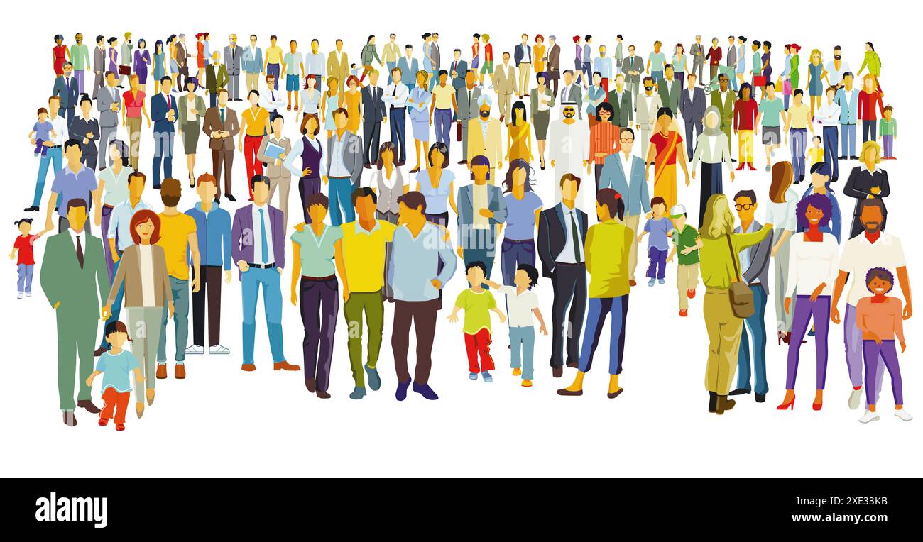 Eine große Gruppe von Menschen zusammen, isoliert auf weißem Hintergrund. Illustration Stockfoto