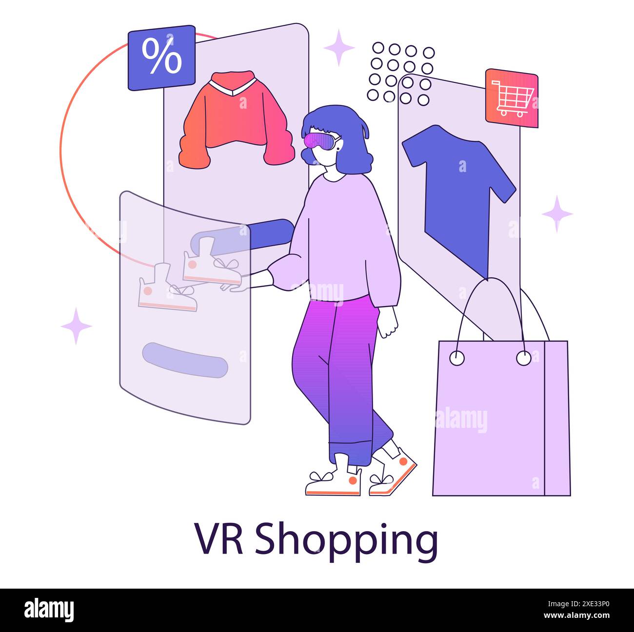 Virtual-Reality-Shopping-Konzept. Kunden, die mit VR-Technologie online einkaufen. Interaktives E-Commerce-Erlebnis. Vektorabbildung. Stock Vektor