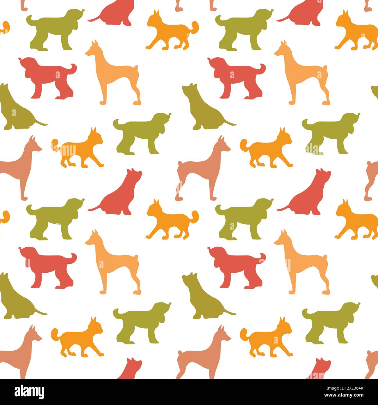 Vektor nahtlos wiederkehrendes kindliches Muster mit niedlichen Hunden, Katzen im skandinavischen Stil. Tiere Hintergrund mit Hund, Katze, Haustiere, Welpen für Einladung Stock Vektor