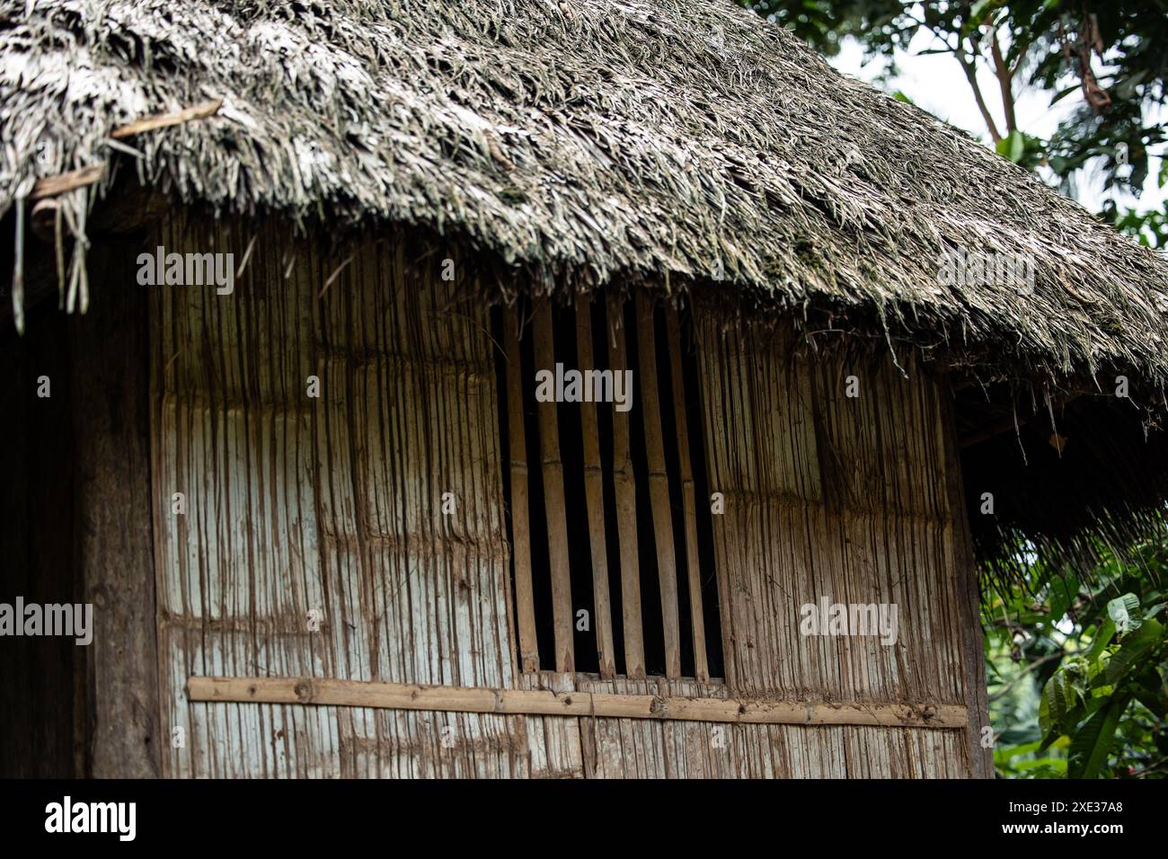 Detaillierte Nahaufnahme eines Holzfensters in einer traditionellen einheimischen Hütte, die aus lokalem Holz im üppigen Amazonas-Regenwald gefertigt wurde. Fängt das rustikale ein Stockfoto