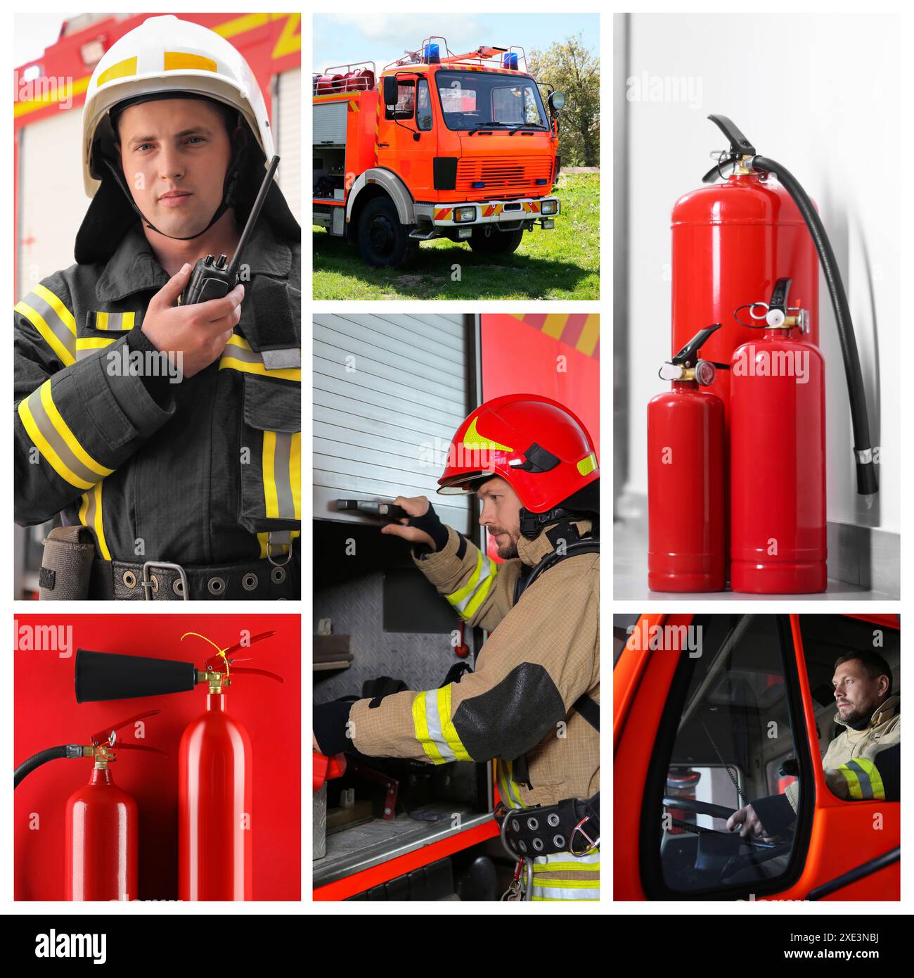 Collage mit Feuerlöschern, Feuerwehrleuten und Feuerwehrwagen Stockfoto