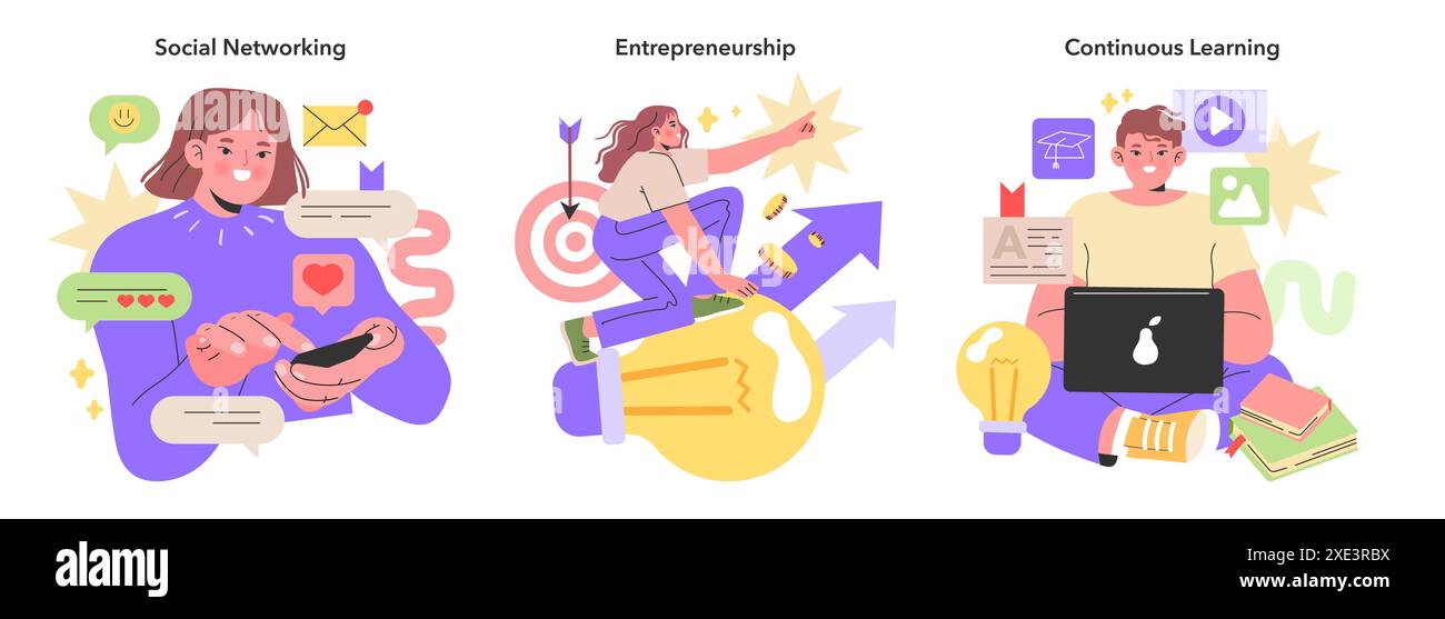 Generation Y zeigt Konnektivität in sozialen Netzwerken, den Antrieb des Unternehmertums und das Engagement für kontinuierliches Lernen. Vektorabbildung Stock Vektor