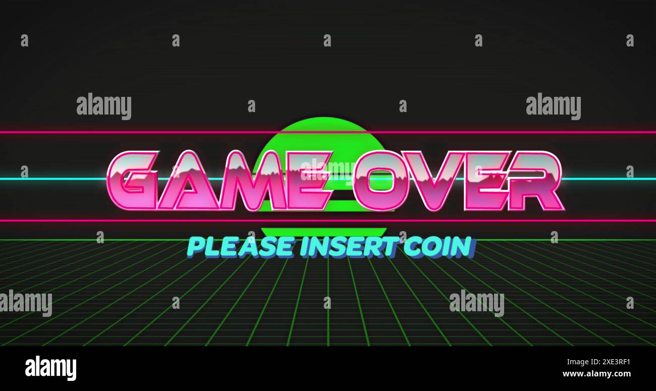 Bild: Spiel über Textbanner über Gitternetzwerk in nahtlosem Muster gegen Sonne Stockfoto