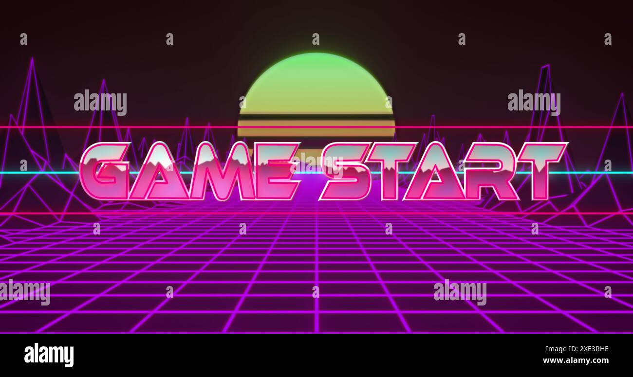 Bild des Textbanners für den Spielstart über Gitternetzwerk und Metaverstrukturen in nahtlosem Muster Stockfoto