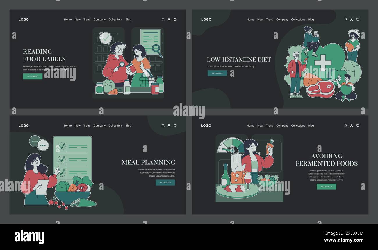 Histaminarmes Diätset. Navigation durch die Lebensmittelauswahl für die Gesundheit. Lesen von Etiketten, Planung von Mahlzeiten, Vermeidung von Triggern. Vektorabbildung. Stock Vektor