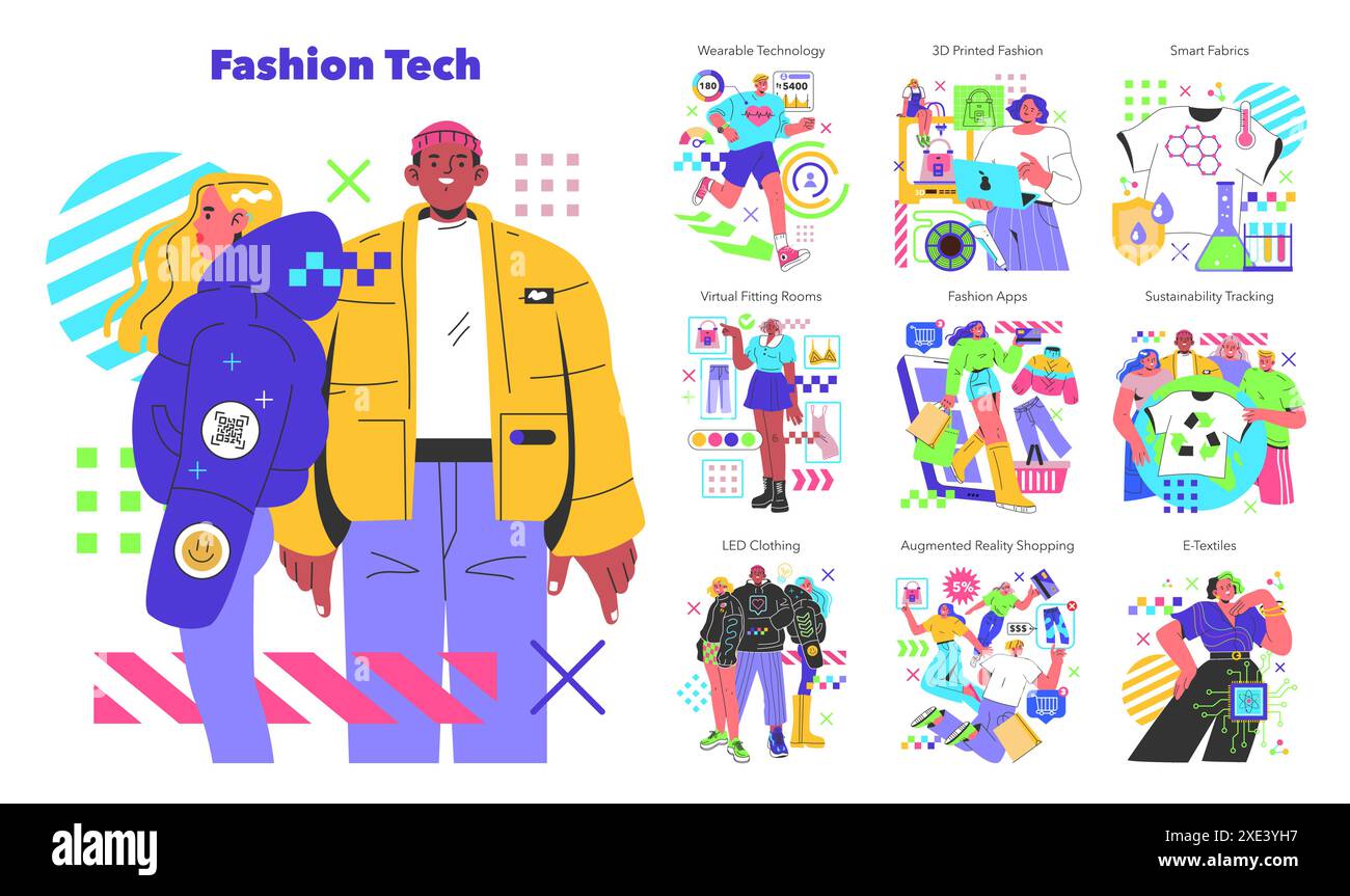 Fashion-Tech-Konzept. Stilvolle Integration von Technologie mit tragbaren Technologien, 3D-gedruckten Outfits und intelligenten Textilien. Umweltfreundliche und digitale Innovationen. Vektorabbildung. Stock Vektor