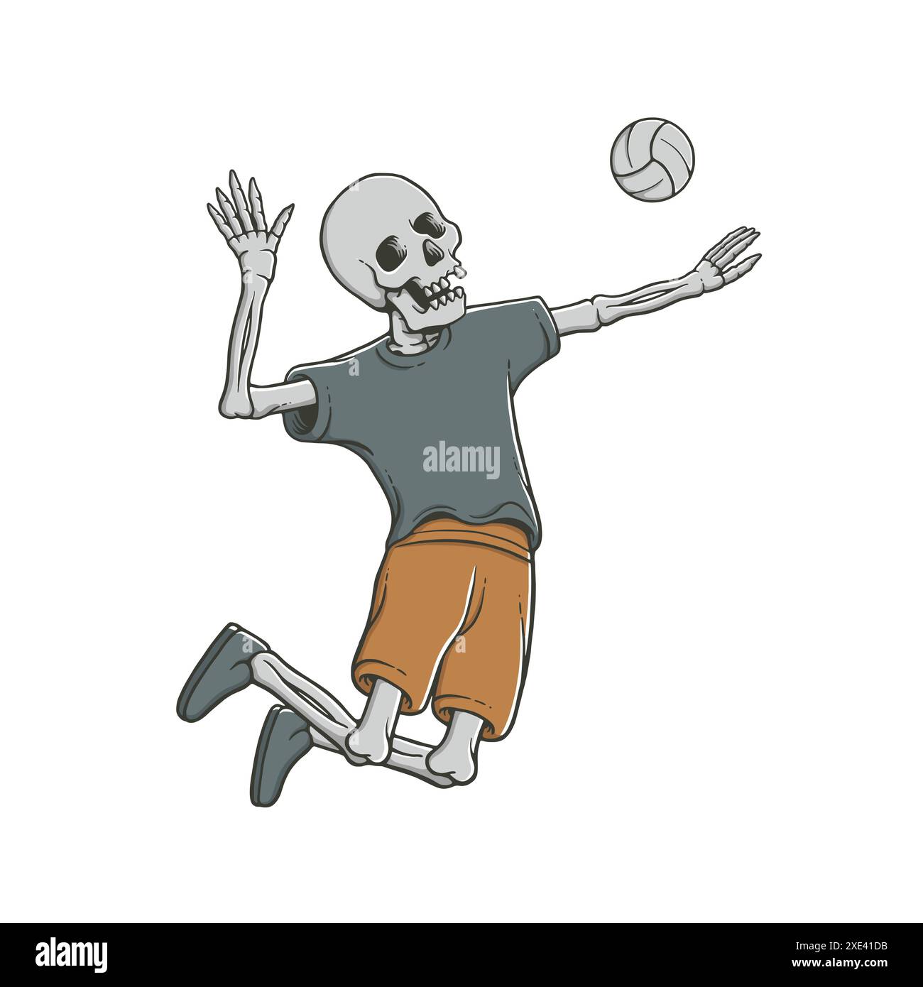 Cooler Cartoon Skull Volleyballspieler, der im Sprung Ball schlägt. Volleyball Skelett Vektor Illustration für Merchandise oder Poster Designs. Stock Vektor