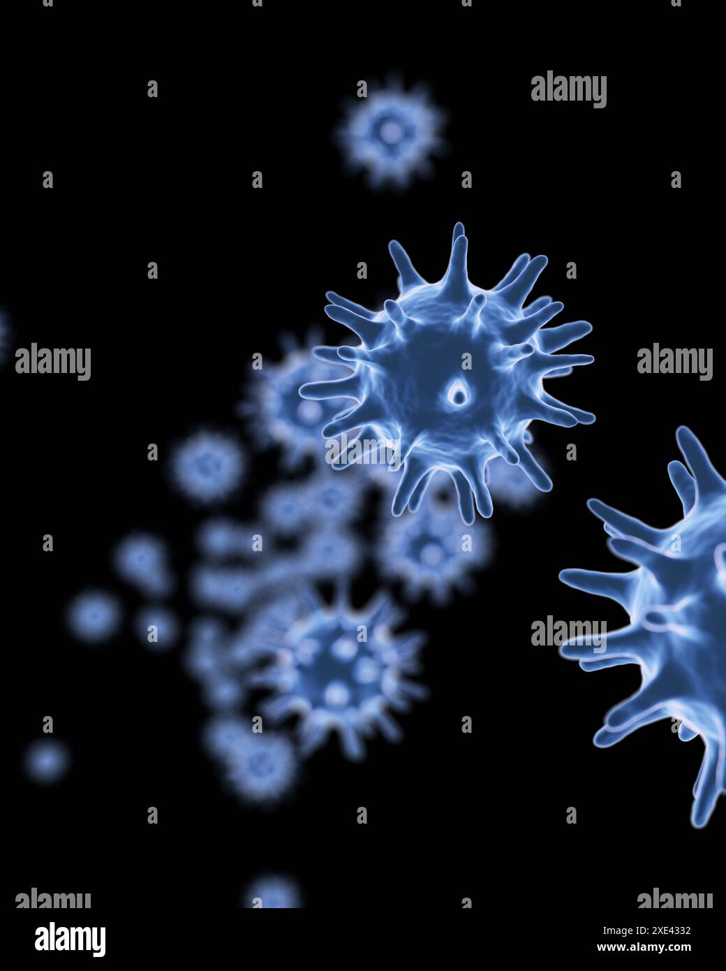 3D-Rendering des Grippevirus, der sich in der Luft für Gesundheit und Grippekonzept verbreitet. Stockfoto