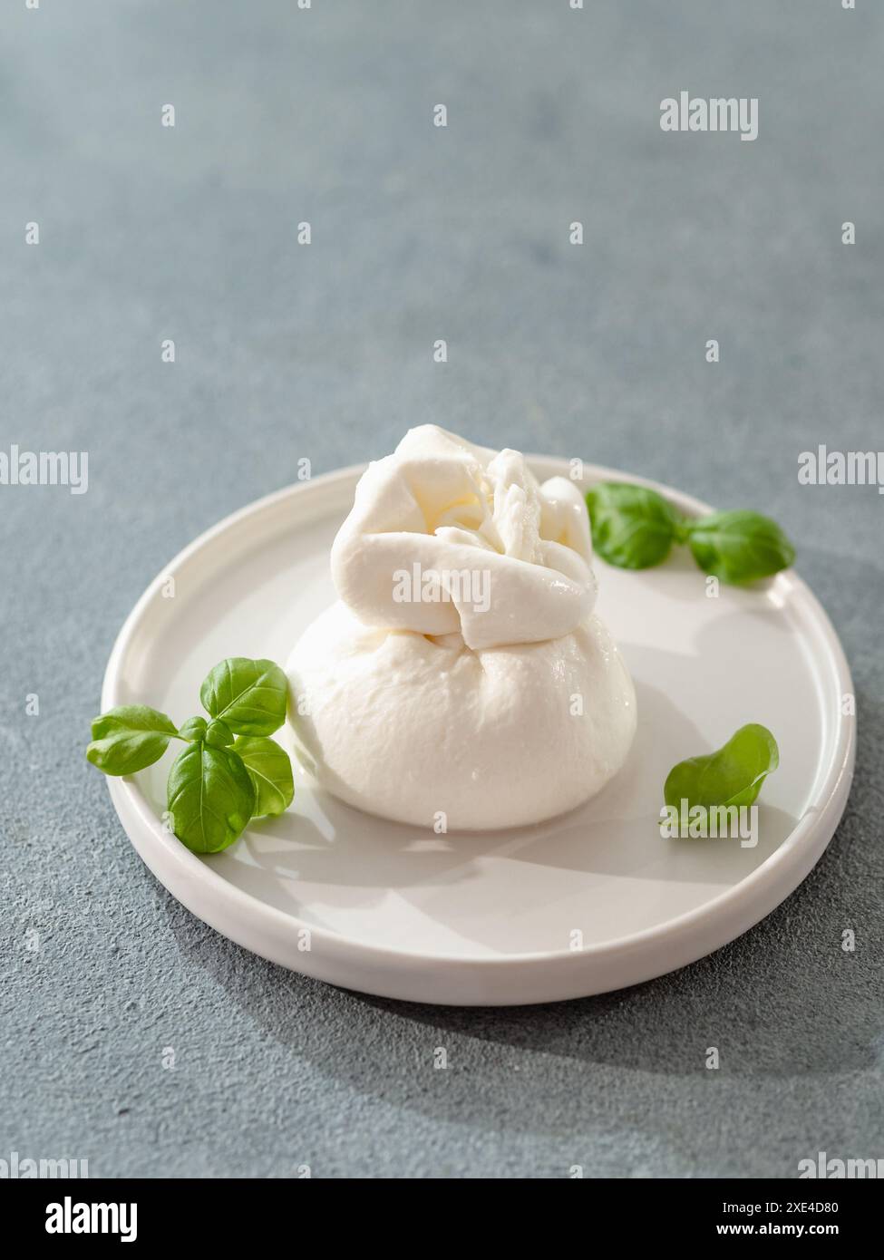 Burrata-Käse auf dem Teller, Platz zum Kopieren. Grauer Hintergrund Stockfoto