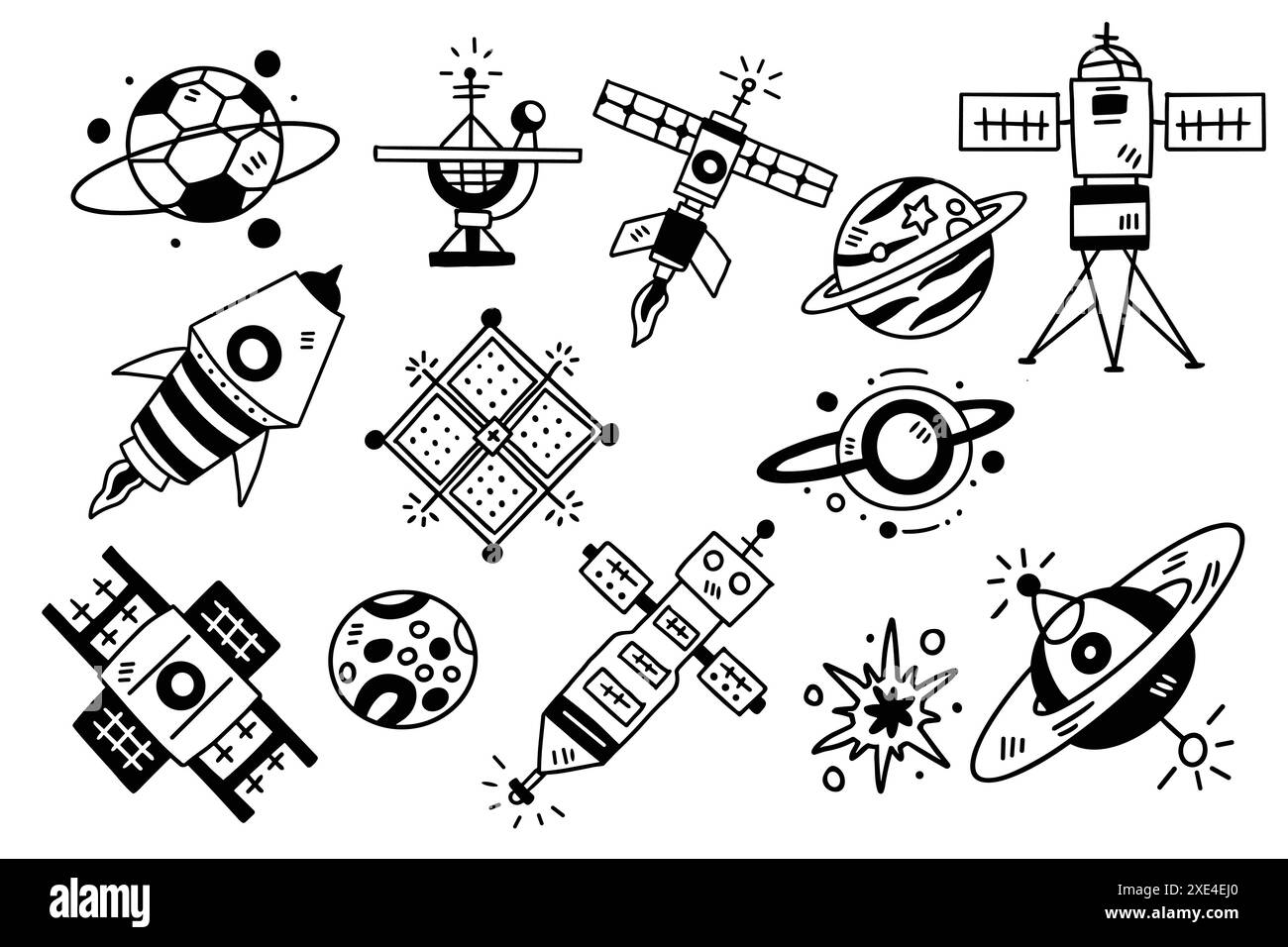 Eine Sammlung von Zeichnungen zum Thema Weltraum, einschließlich Raketen, Planeten und Satelliten. Die Szene ist verspielt und phantasievoll, mit einem Fokus auf die Weite und Stock Vektor