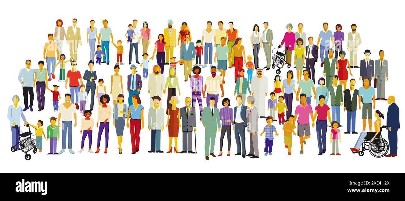 Große Gruppe von Menschen isoliert auf weißem Hintergrund. Abbildung Stockfoto