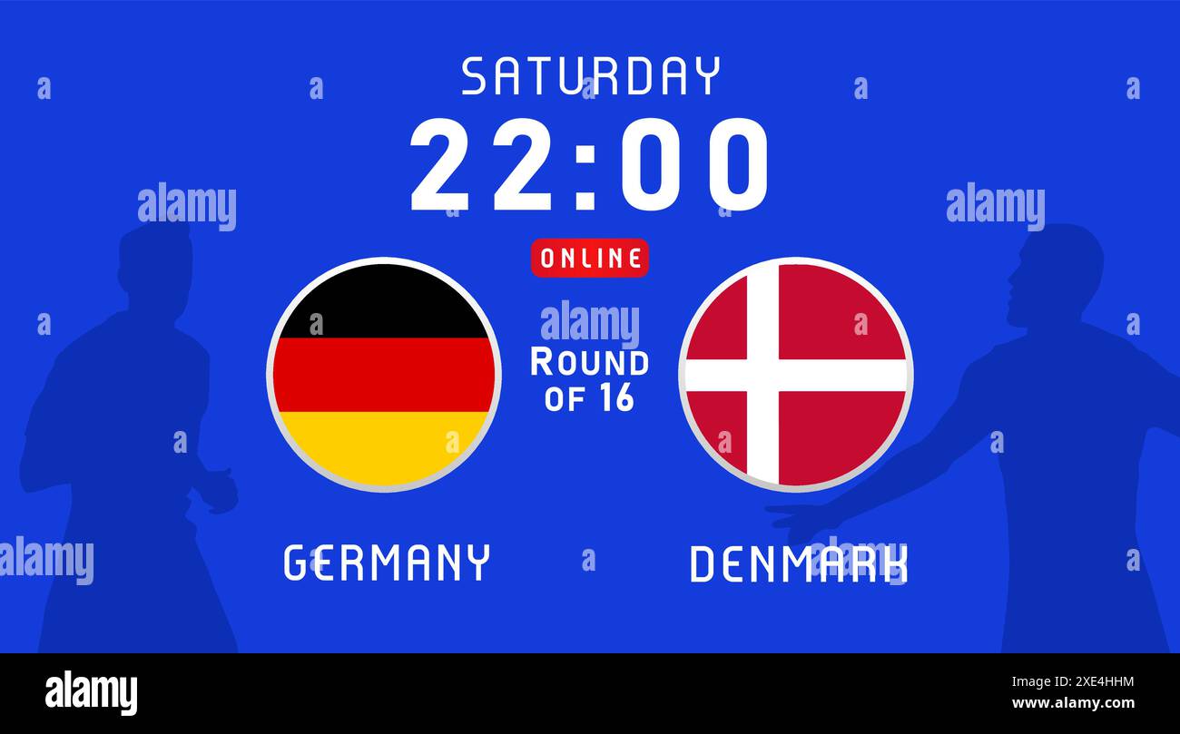 Deutschland gegen Dänemark, Achtelfinale, Juni 2024, Flaggen-Emblem. Vektor-Hintergrund mit deutschen und dänischen Fahnen und Silhouetten von Fußballspielern für Nachrichten Stock Vektor