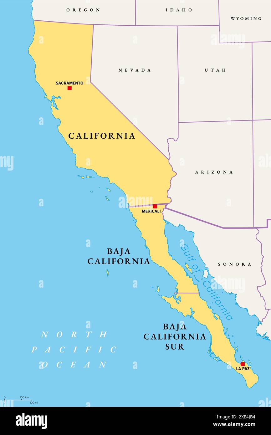 Die Californias, eine Region Nordamerikas, politische Karte. Die USA und Mexiko umspannt. Stockfoto