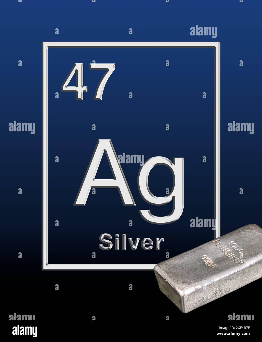 Gegossener Silberstab und das chemische Element aus dem Periodensystem mit lateinischem Namen argentum, Symbol AG und Atomzahl 47. Stockfoto