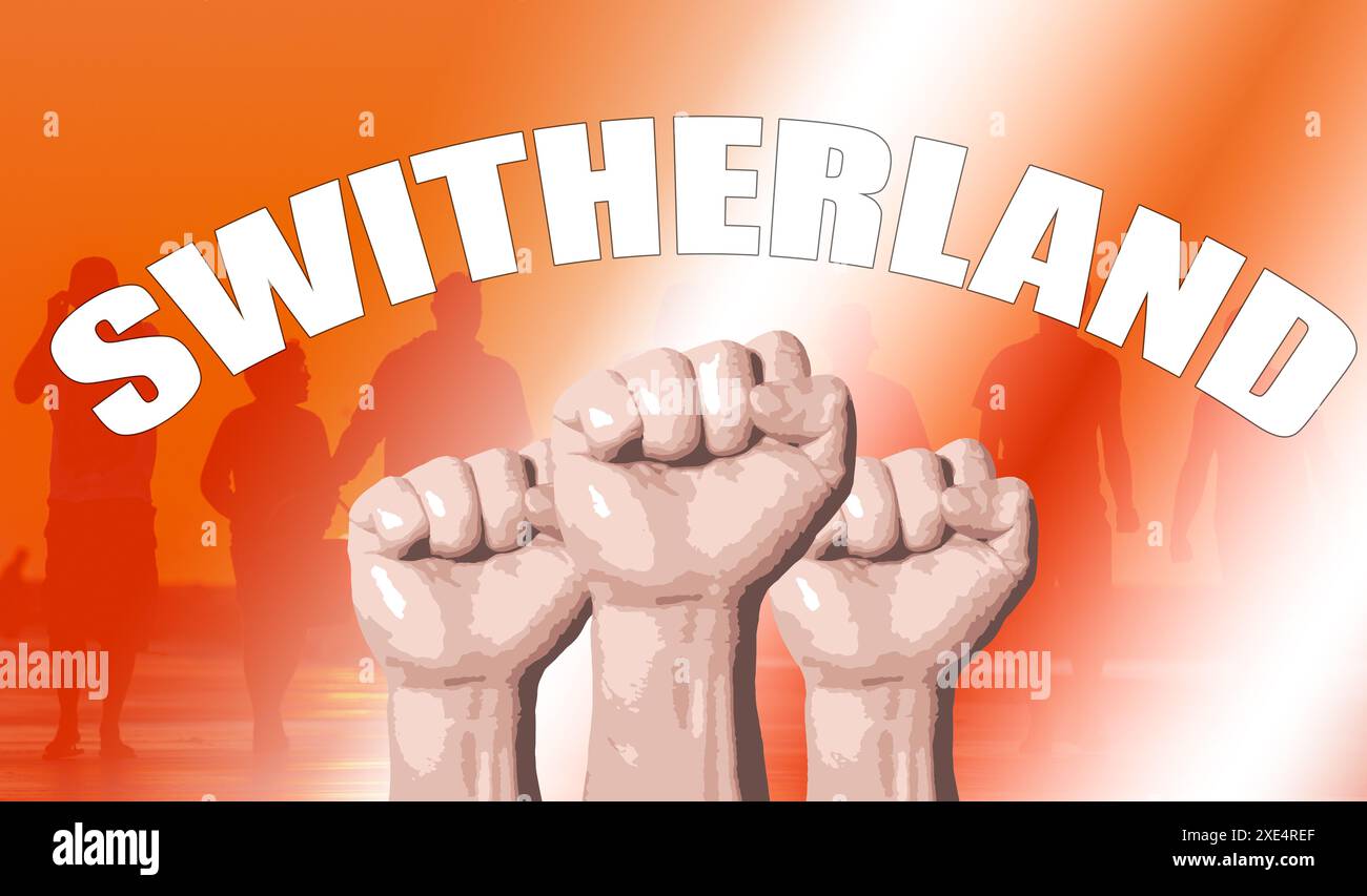 Schweiz, Fanunterstützung, Fäuste hochgezogen, Flaggenfarben Stockfoto