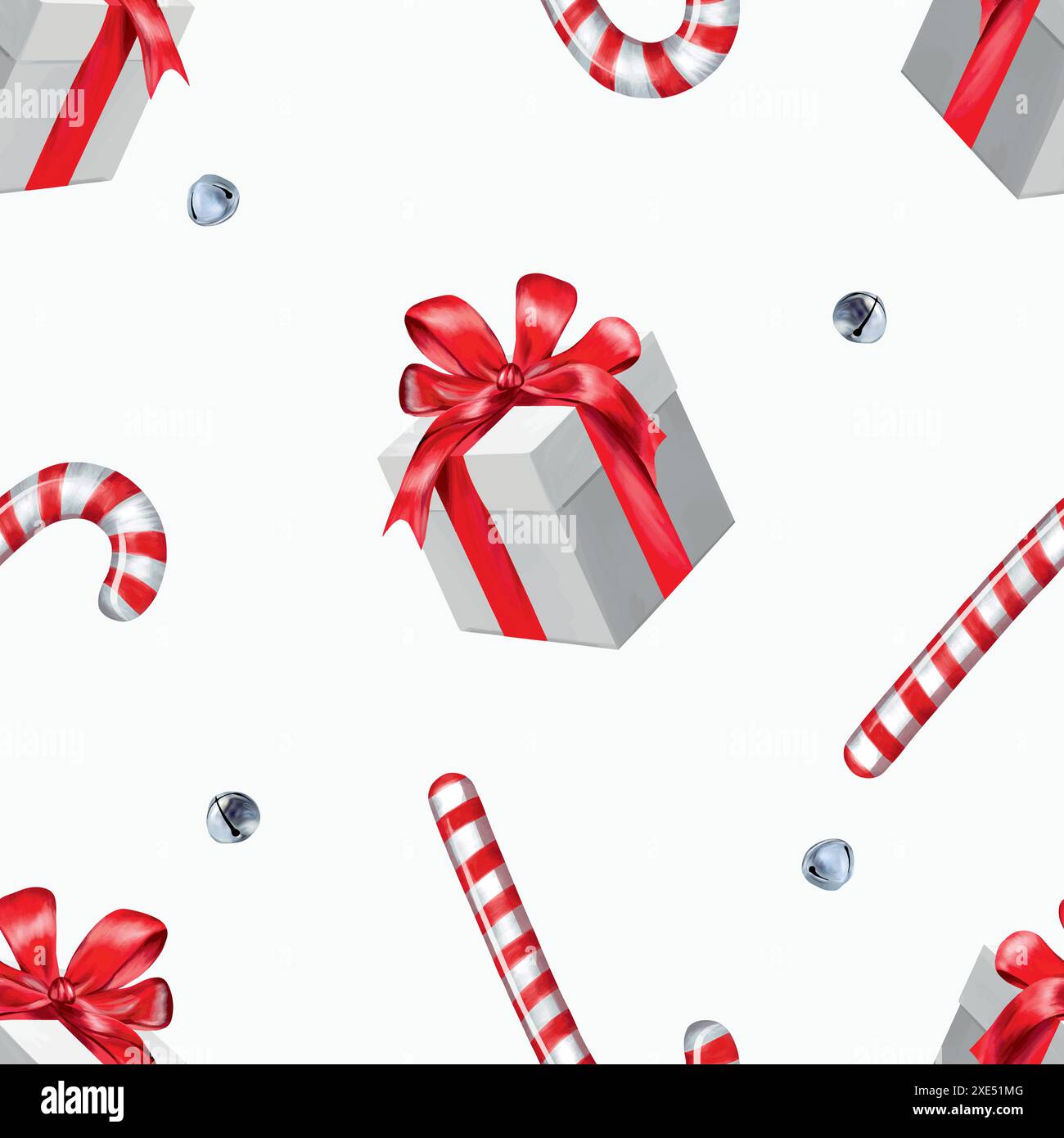 Geschenkbox, Zuckerrohr, Glocken. Nahtloses Muster. Handgezeichnete Vektor-Illustration im Vintage-Stil. Für Neujahr- und Weihnachtskarten, Geschenkpapier, Text Stock Vektor
