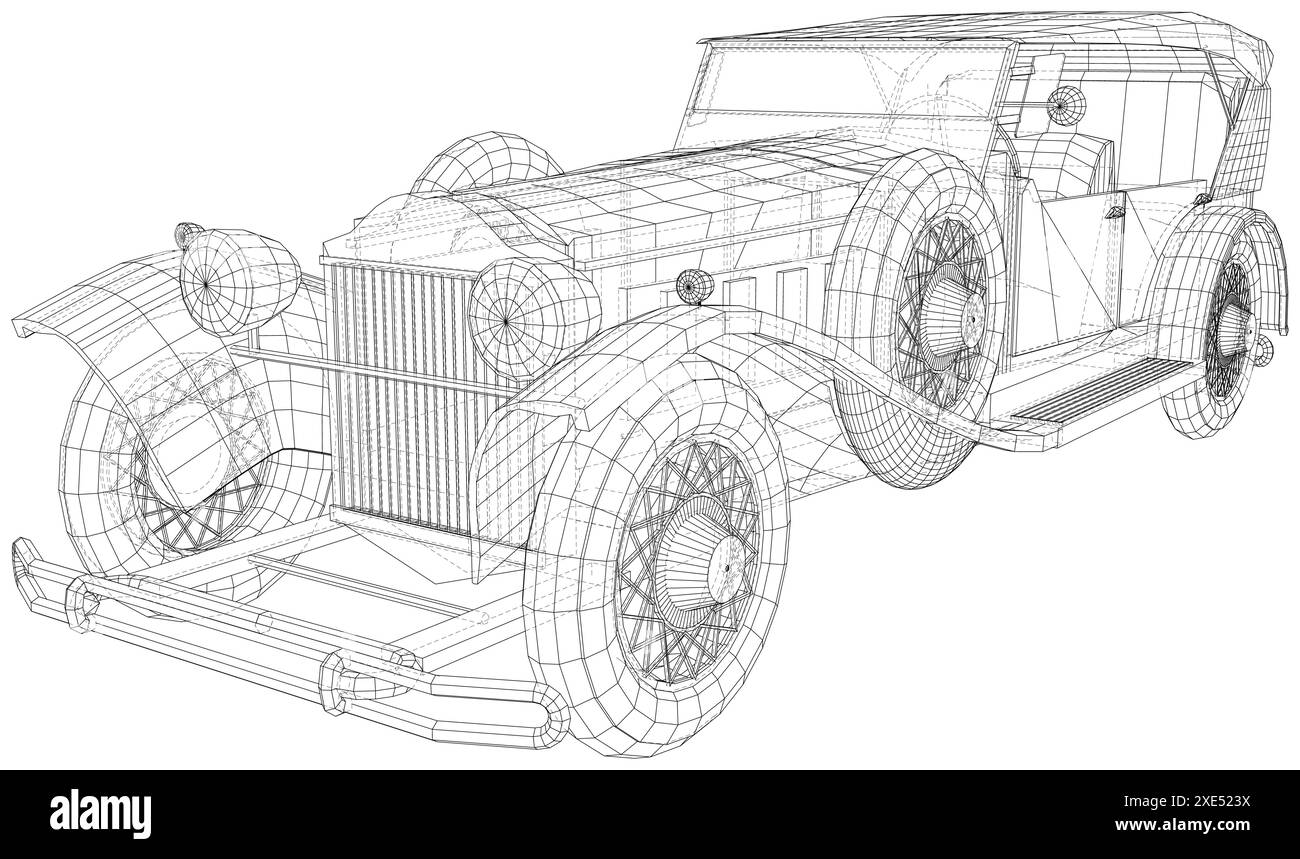Retro Auto Illustration Vektor. Oldtimer Draht-Frame-Linie isoliert. Vektorrendering von 3d Stock Vektor