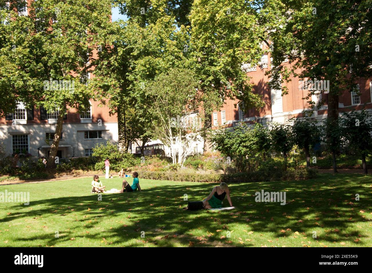 Tavistock Sqaure an einem sonnigen Nachmittag, viele Leute liegen auf dem Gras, plaudern, lernen, lesen, spielen mit Hunden, usw. Stockfoto