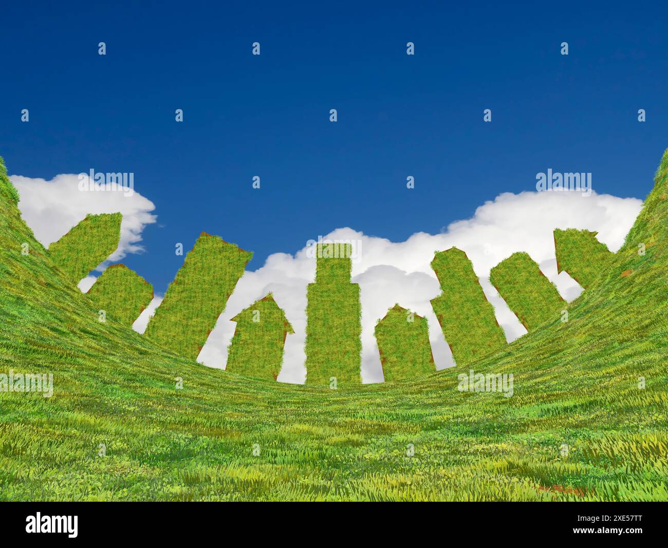 Blauer Himmel mit bogenförmigen Gebäuden mit grünem Gras Stockfoto