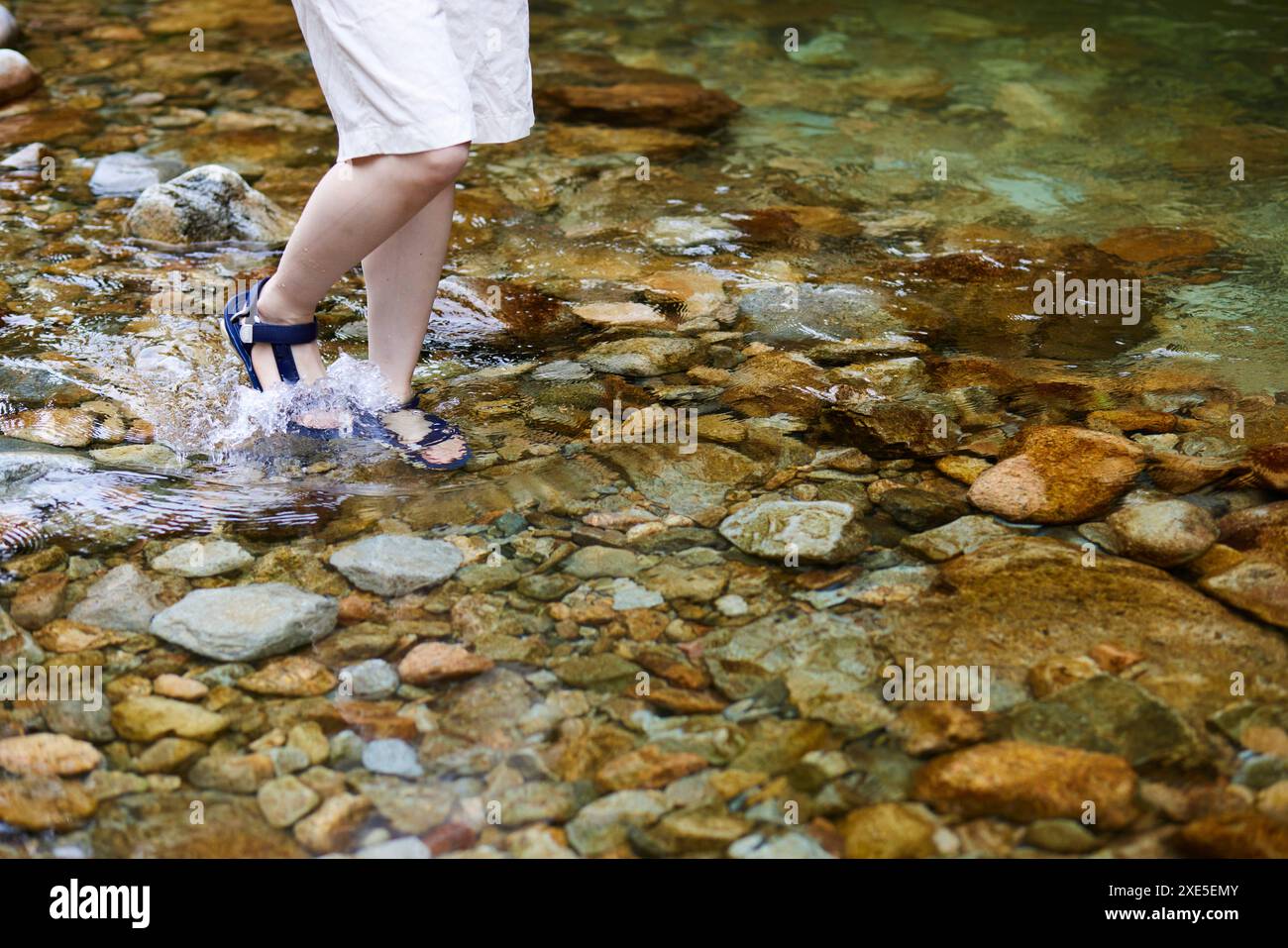 Die Füße der jungen Frau, die im Fluss tränken Stockfoto