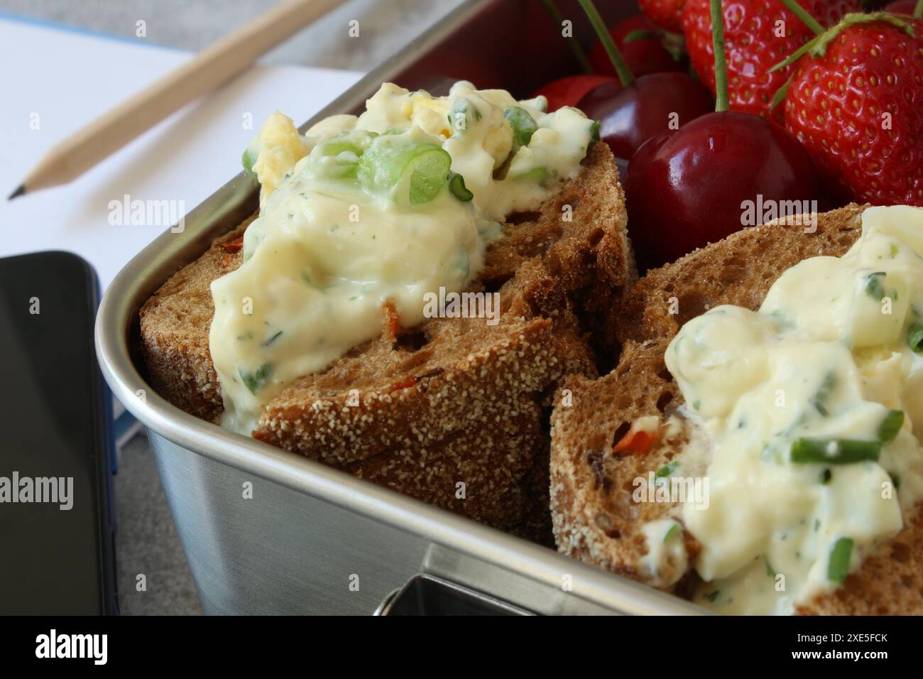 Gesunde Snackpause: Eiersalat Sandwich mit Beeren in Edelstahl Lunchbox Stockfoto