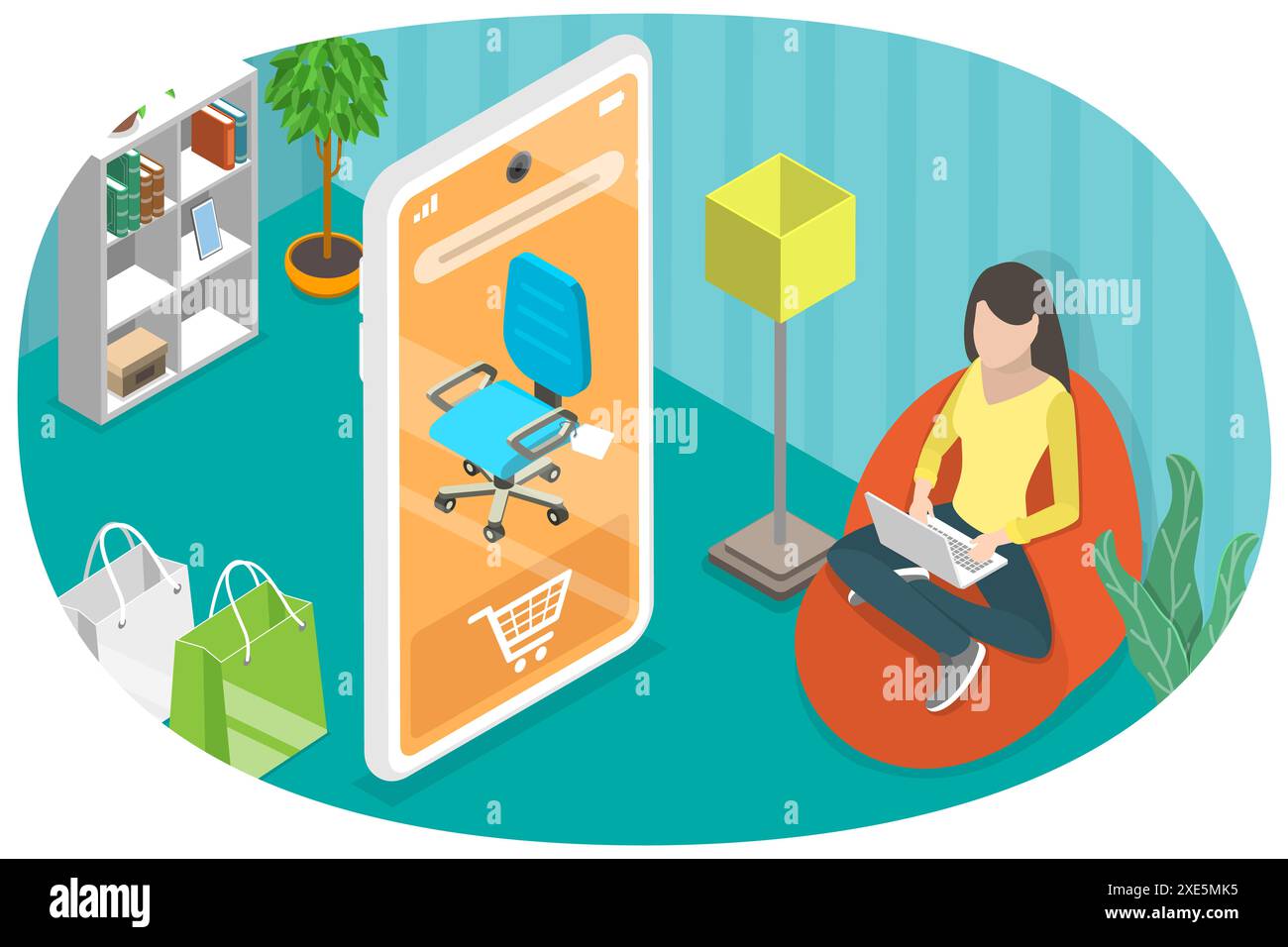 Isometrische flache konzeptionelle 3D-Illustration des Online-Möbelgeschäfts, Wohnkultur Mobile Shopping 3D Isometrisches flaches Konzept I Stockfoto