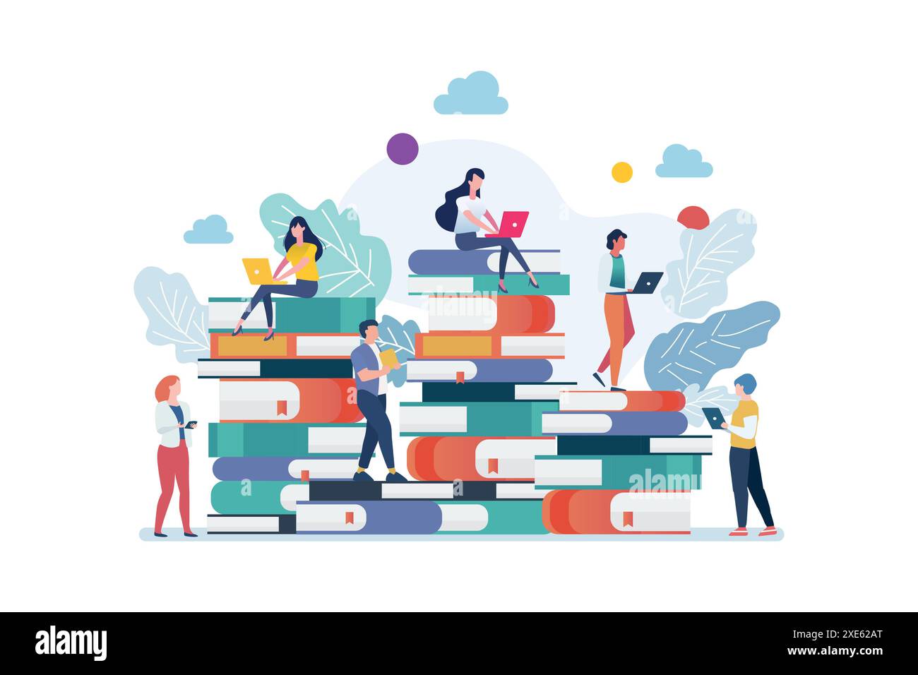 Leute stehen auf vielen Büchern. Illustration des Vektorvektors des Wissens oder Bildungskonzepts Stock Vektor