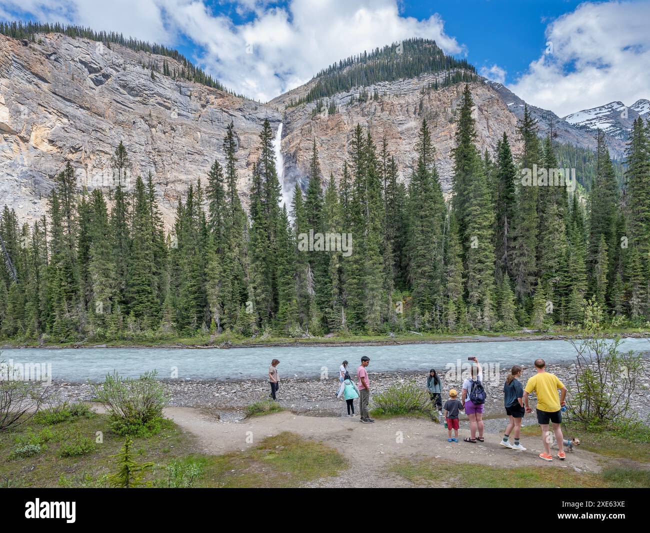 Yoho National Park, British Columbia, Kanada – 23. Juni 2024: Touristen am Ufer des Yoho River mit Takakkaw Falls im Hintergrund Stockfoto