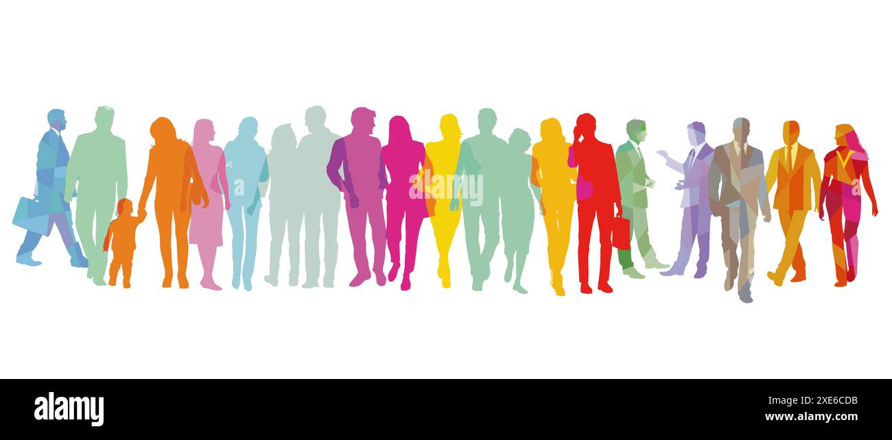 Eine große, vielfältige Gruppe von Menschen in der Stadt. Abbildung Stockfoto