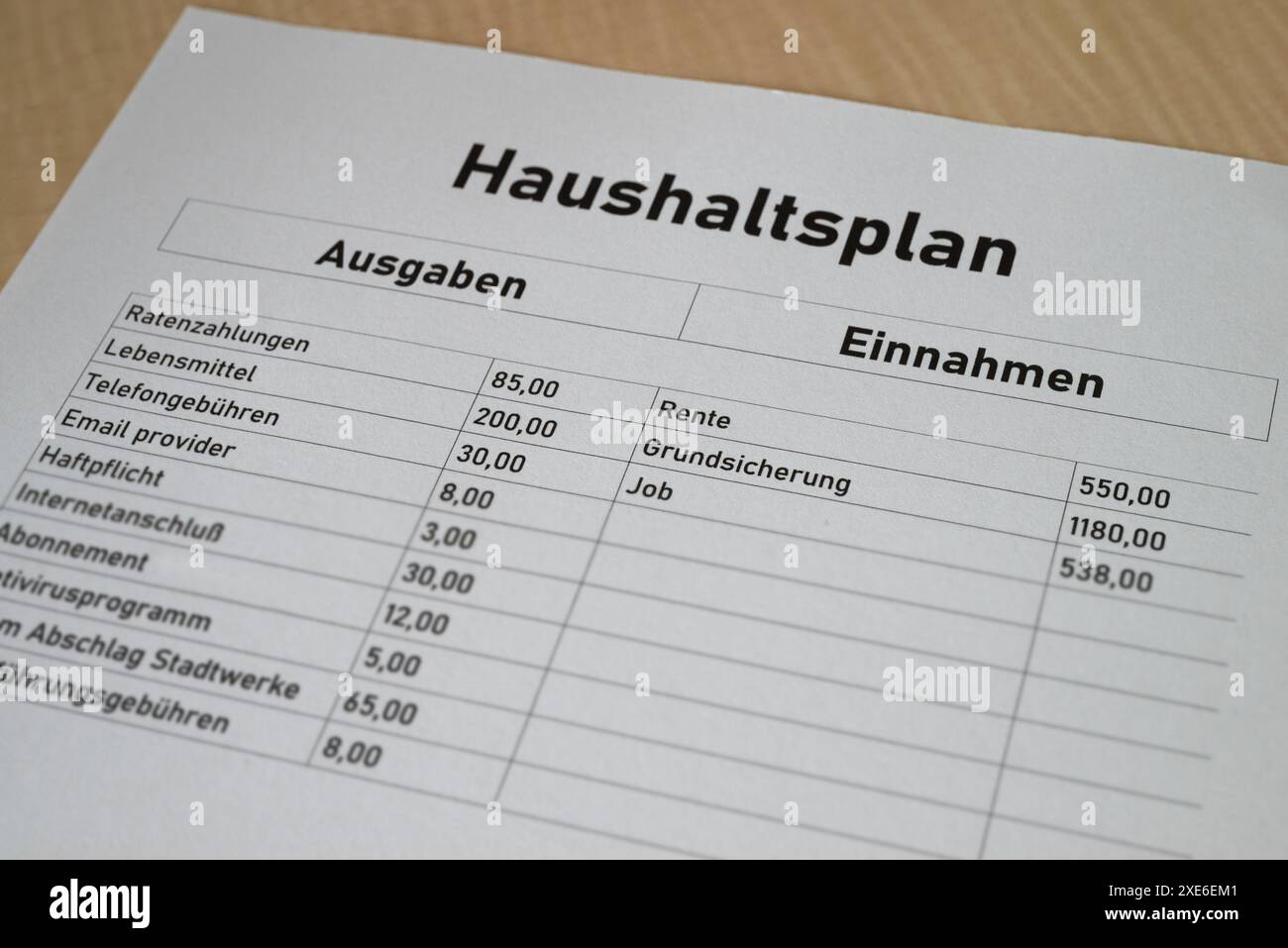 Privater deutscher Haushaltsplan, Einzelperson, Rentner, wenig Geld, Armut Stockfoto