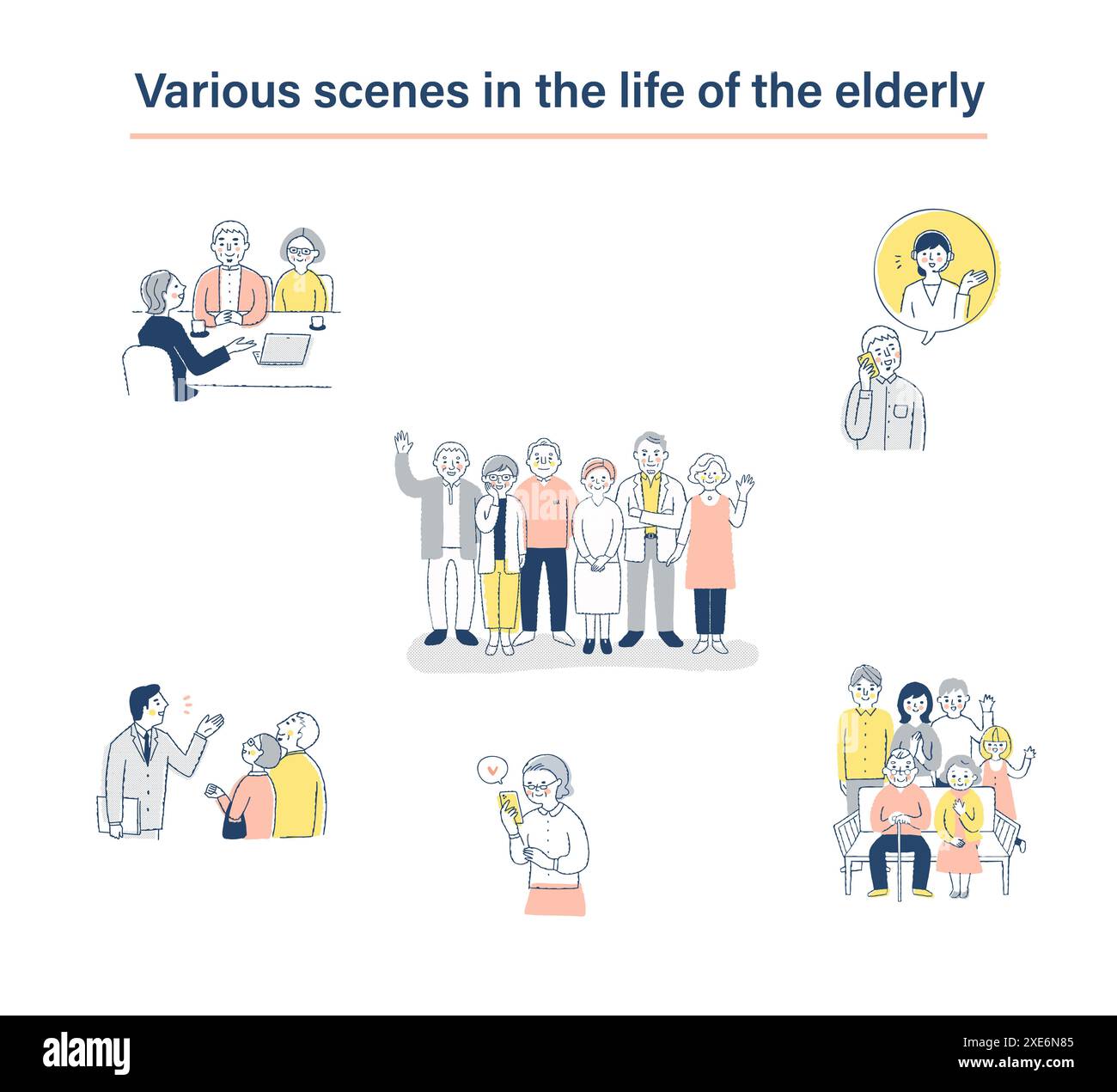 Verschiedene Lebensszenen von Senioren inszeniert Stockfoto