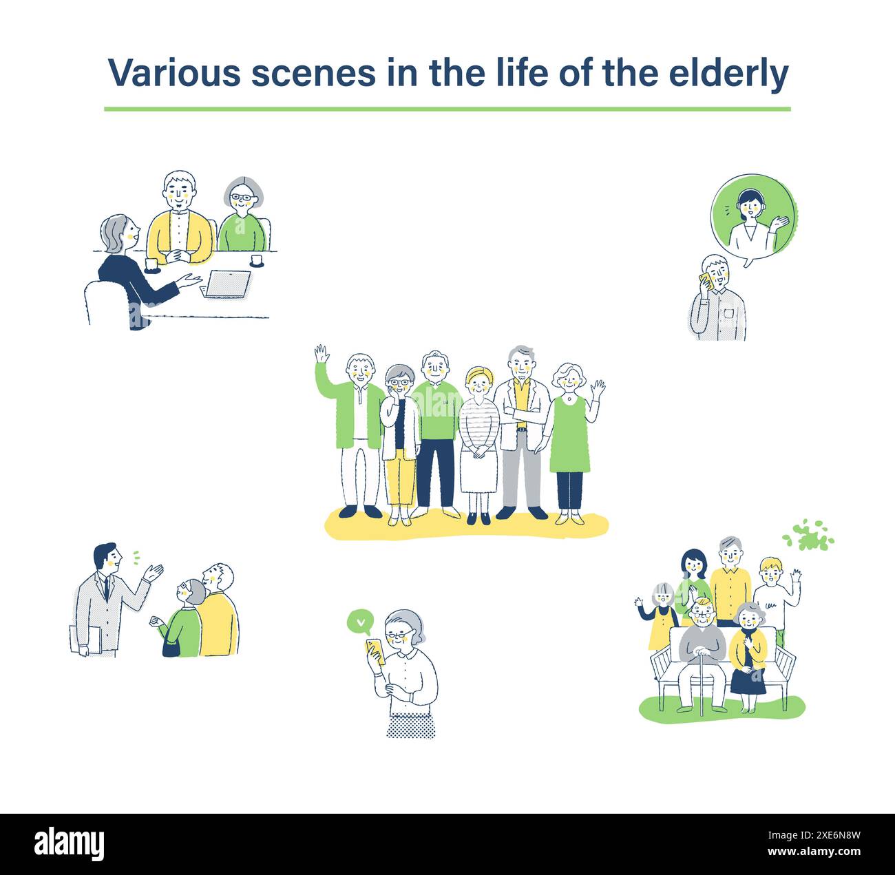 Verschiedene Lebensszenen von Senioren inszeniert Stockfoto