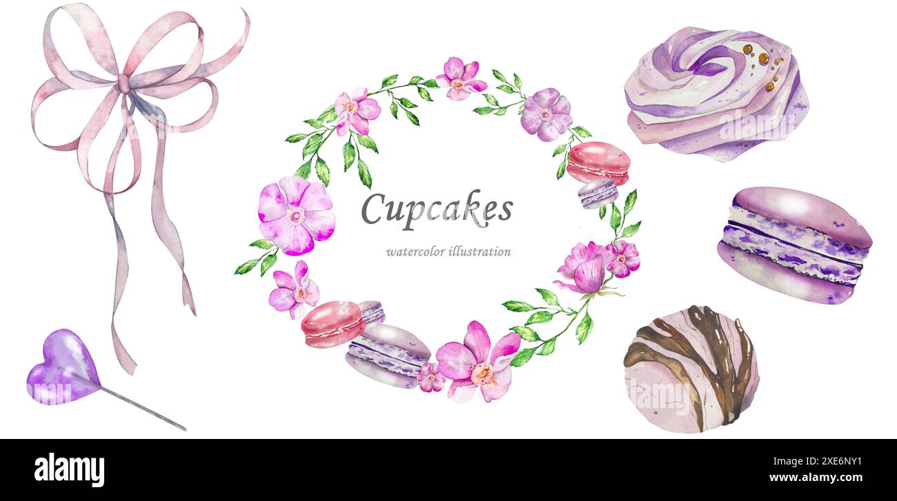 Dessert-Themenset. Heller Appetit, Bogen, Lutscher, Eis, . Kranz Hagebuttenblüten, Makronen. Aquarellabbildung. Für Menüs, Kulinarische Blog Stockfoto