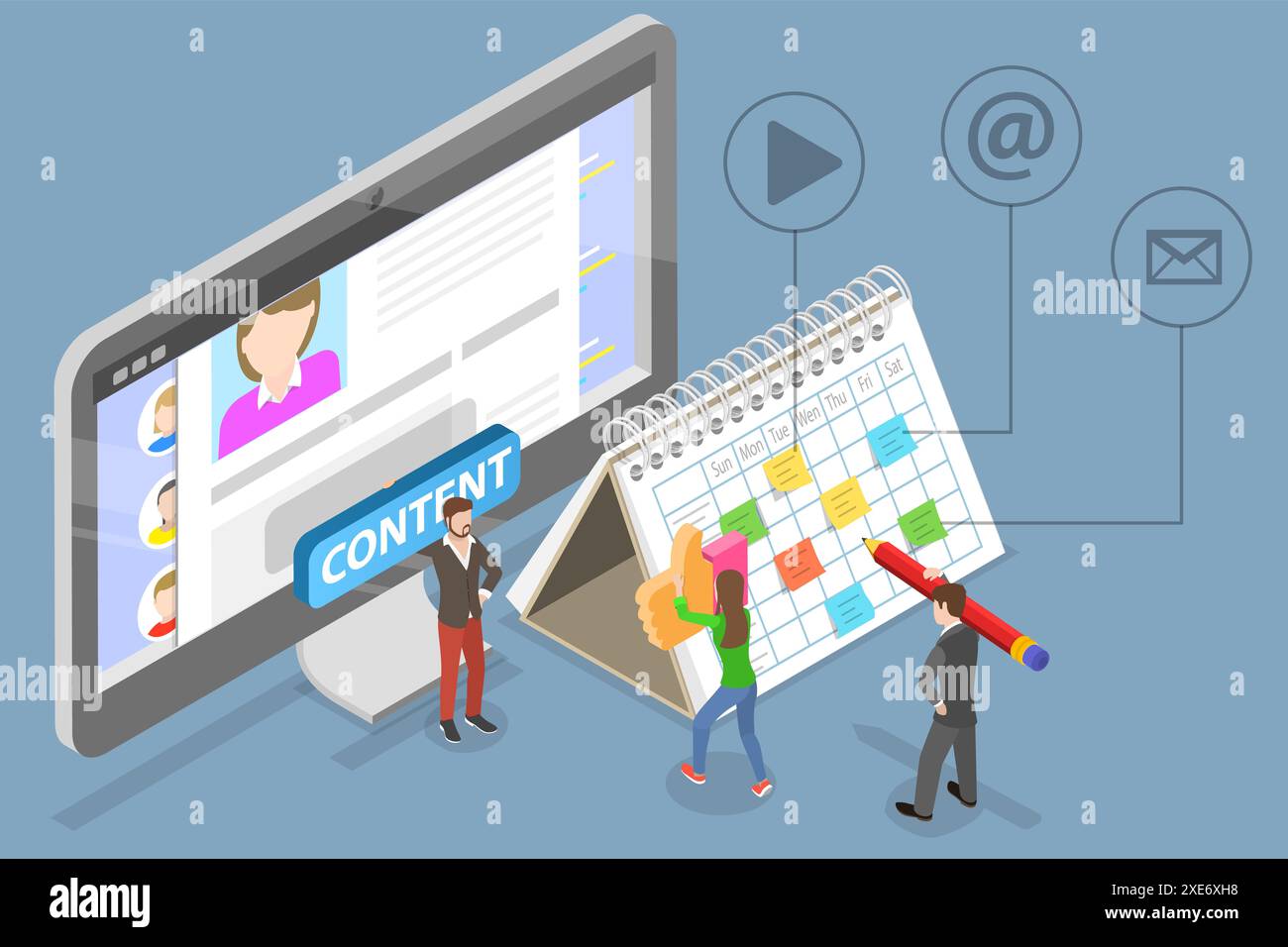 3D Isometric Flat Conceptual Illustration of Marketing Calendar, Social Media Content Scheduling 3D Isometric Flat Conceptual Stockfoto