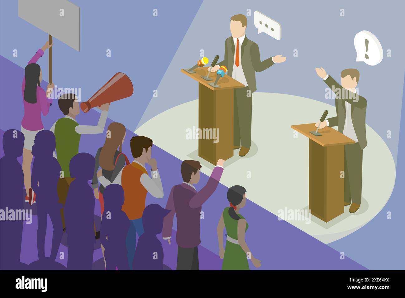 3D Isometrische flache konzeptionelle Darstellung politischer Debatten, Kandidatenrede vor der öffentlichen 3D Isometrische Flat Con Stockfoto