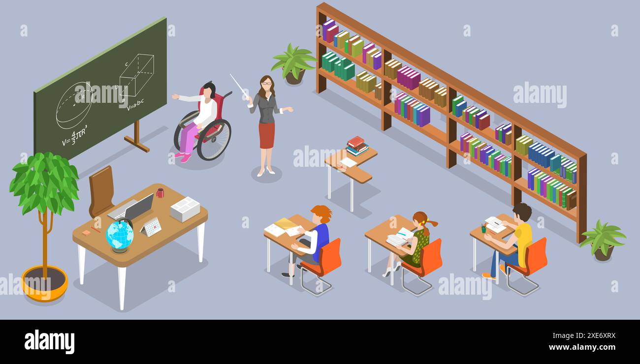 3D Isometrische flache konzeptionelle Illustration der inklusiven Bildung, Kinder mit Behinderungen Studie in gemischten Klassen 3D Isometri Stockfoto