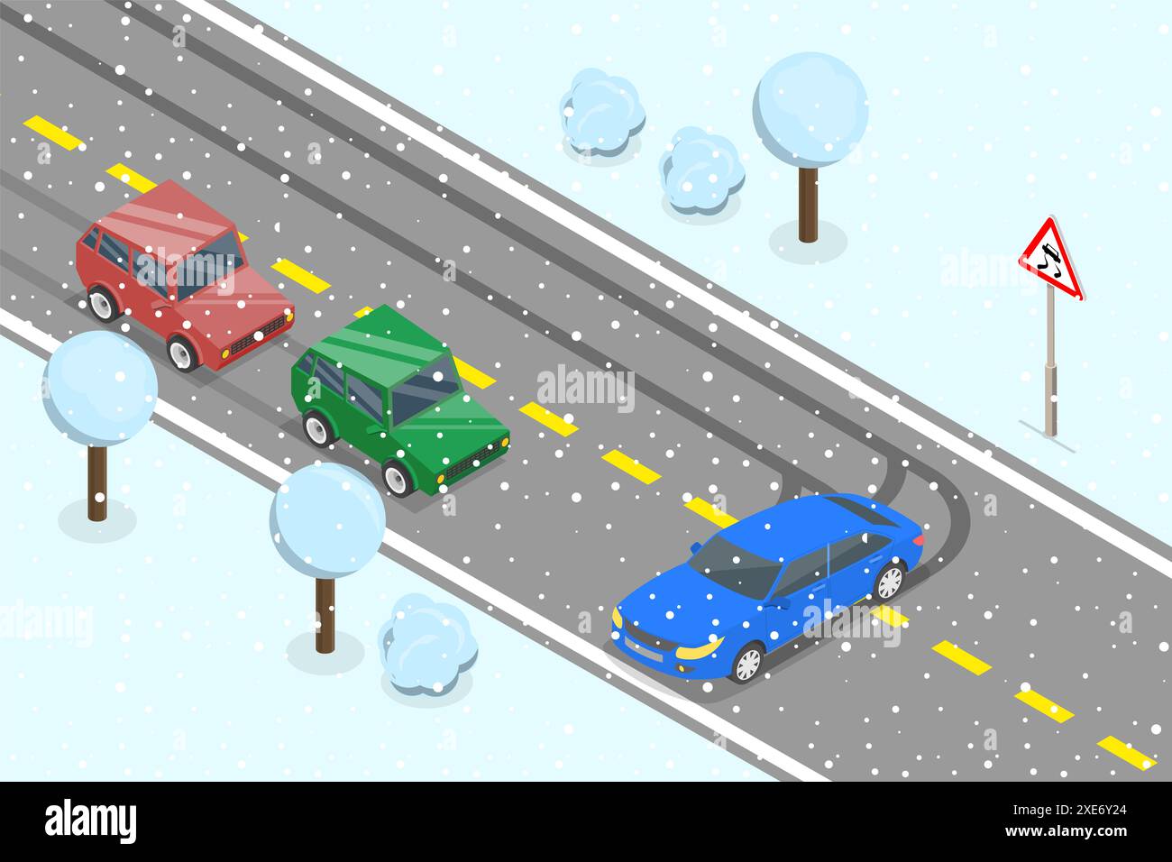 3D Isometrische flache konzeptionelle Illustration von rutschigen oder eisigen Straßen, Winter Fahrsicherheit 3D Isometrische flache konzeptionelle Illustra Stockfoto