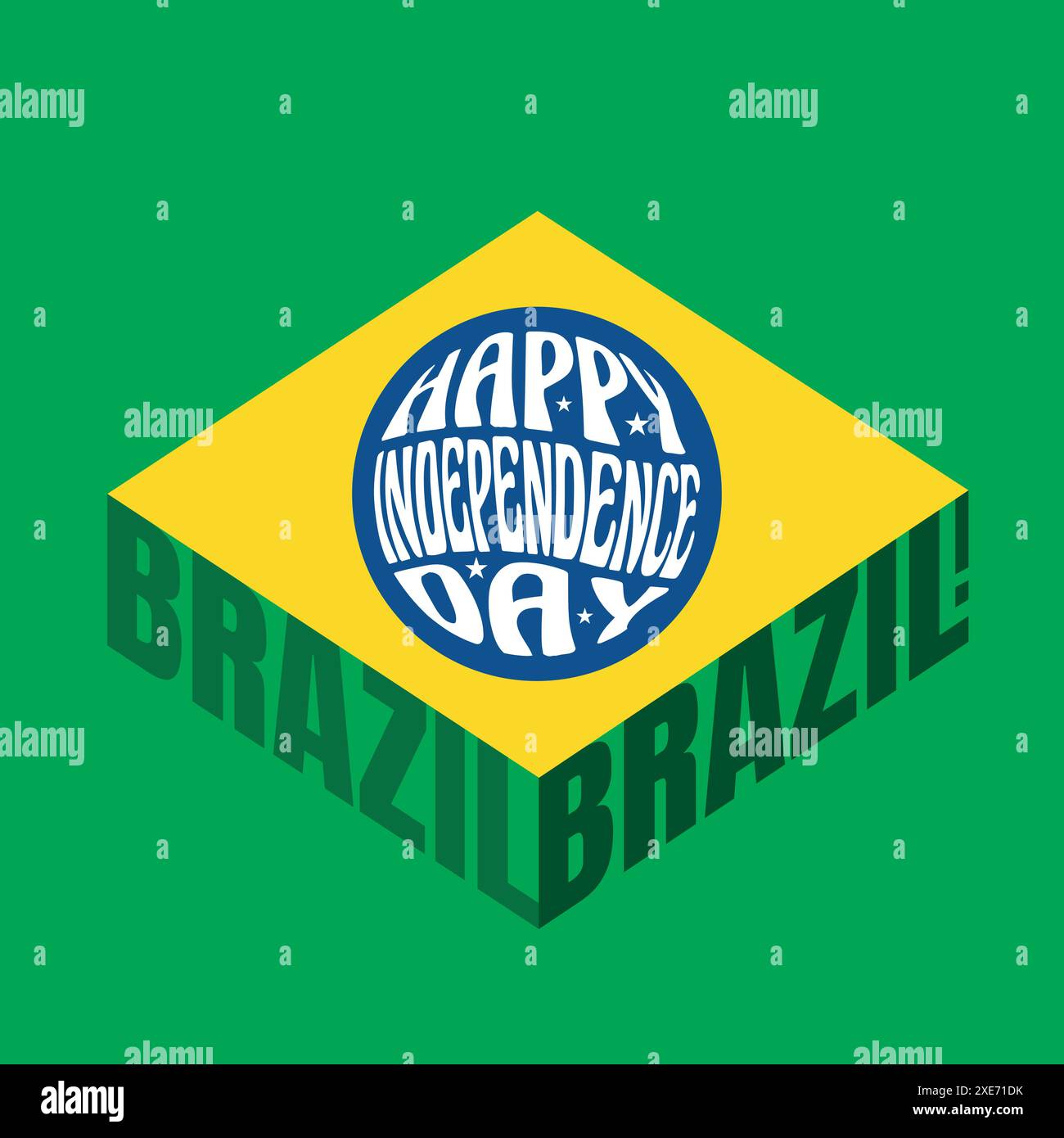Happy Independence Day Brasiliens Typografie Template Design. Kreatives Textkonzept in einem Kreis mit brasilianischer Flagge auf grünem Hintergrund. Stock Vektor