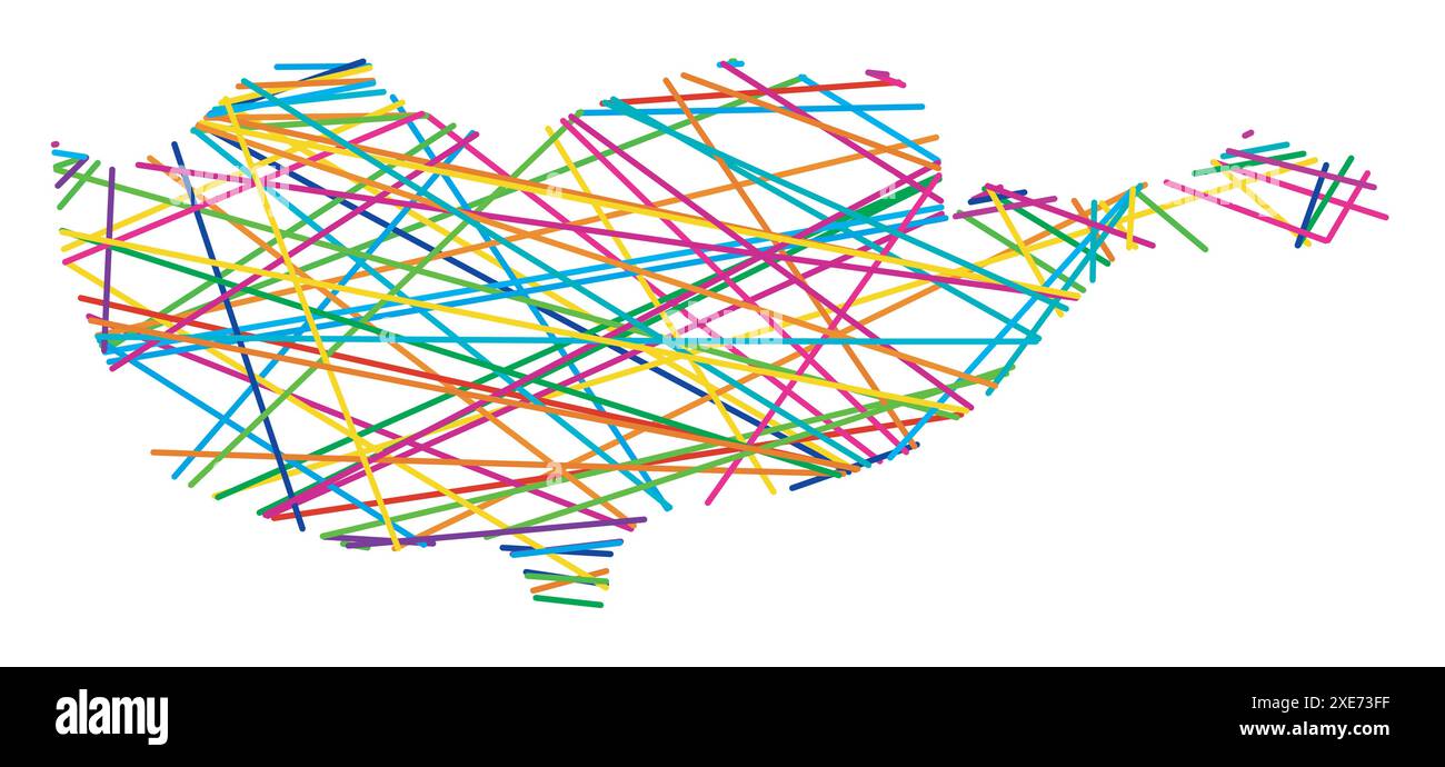 Abstrakte Karte von Zypern, die das Land mit zufälligen, farbigen Linien wie ein Spinnennetz zeigt Stock Vektor