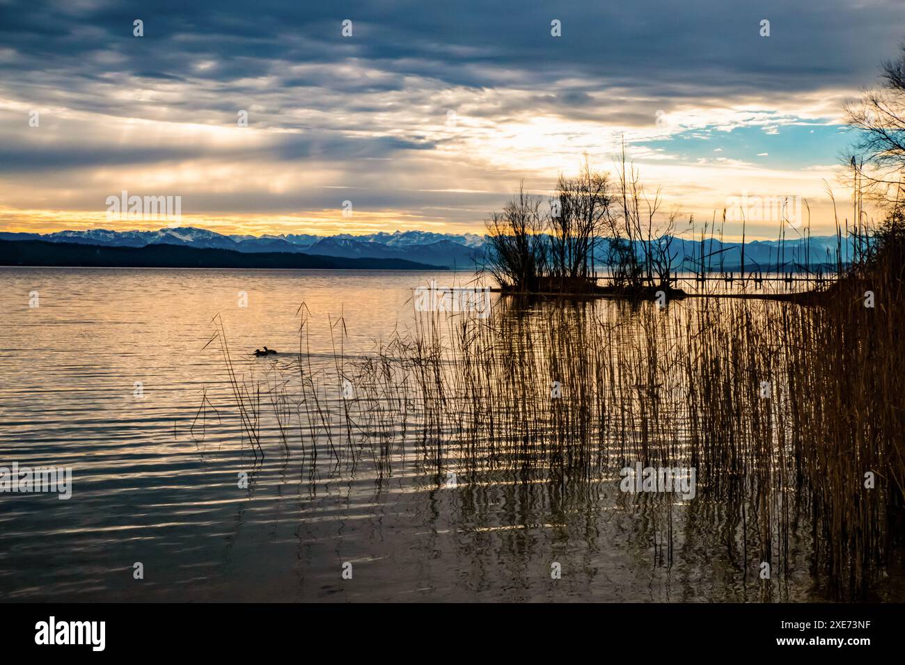 Seeufer, Reflexion, Bergsee, Berge, alpen, Himmel, Wasser, Wellen, Felsen, Wolken, Sonnenuntergang, bayern, staffelsee, ammersee, See Stockfoto