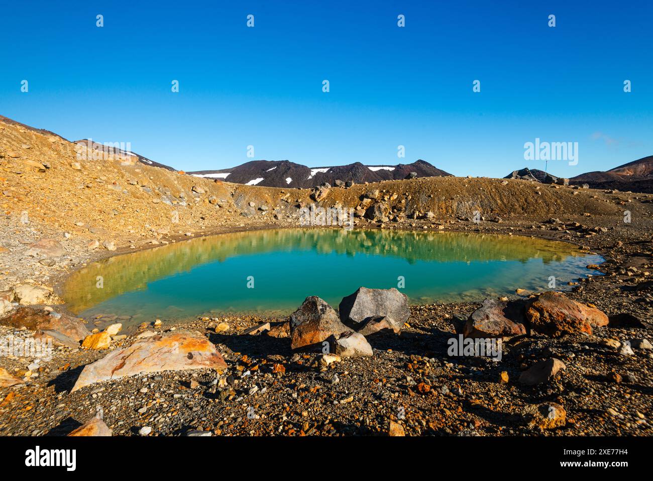 Weitwinkelblick auf einen Smaragdsee vor dem Red Crater Vulkan im Tongariro Nationalpark, Nordinsel, Neuseeland Stockfoto