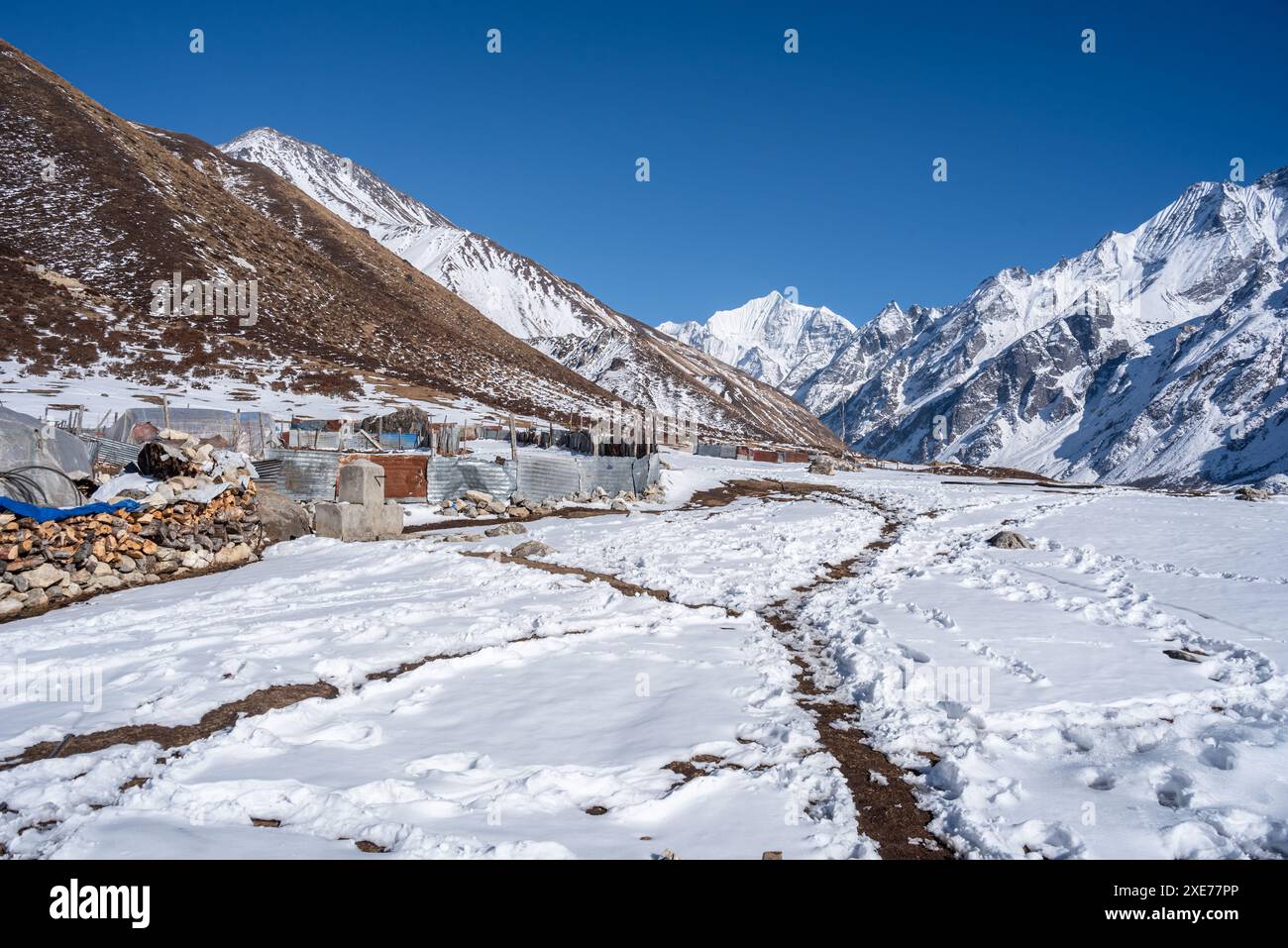 Kleine Wanderwege im Schnee führen in das weite Bergtal, Kyanjin Gompa, lang Tang Valley Trek, Himalaya, Nepal, Asien Stockfoto