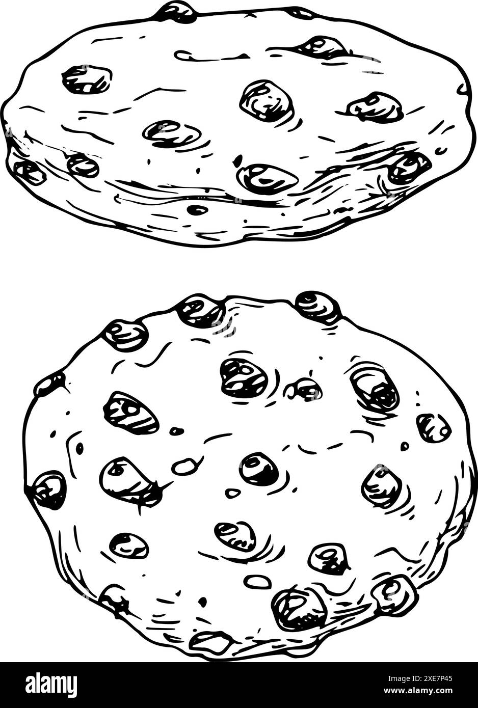 Hausgemachte Kekse mit Schokoladenchips. Strichgrafik ist eine einfache handgezeichnete Illustration in schwarz-weißer Tinte. Satz von isolierten Objekten Vektor-EPS-Clip Stock Vektor