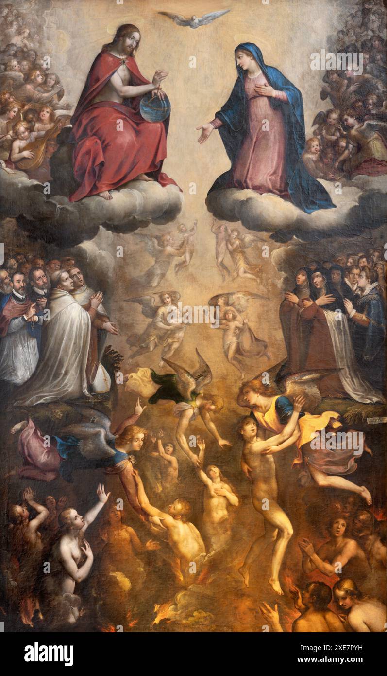 SPELLO, ITALIEN - 18. MAI 2024: Gemälde von Jesus und Maria unter den Heiligen und Seelen des Fegefeuer in der Kirche Collegiata di San Lorenzo Stockfoto
