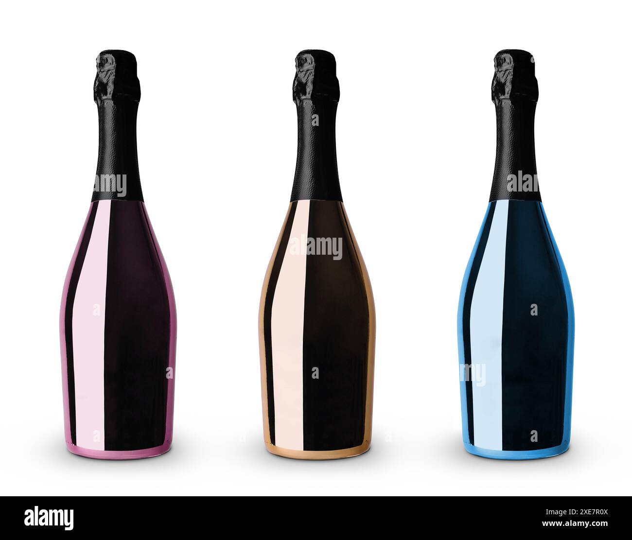 Verschiedene Champagnerflaschen auf weißem Hintergrund Stockfoto