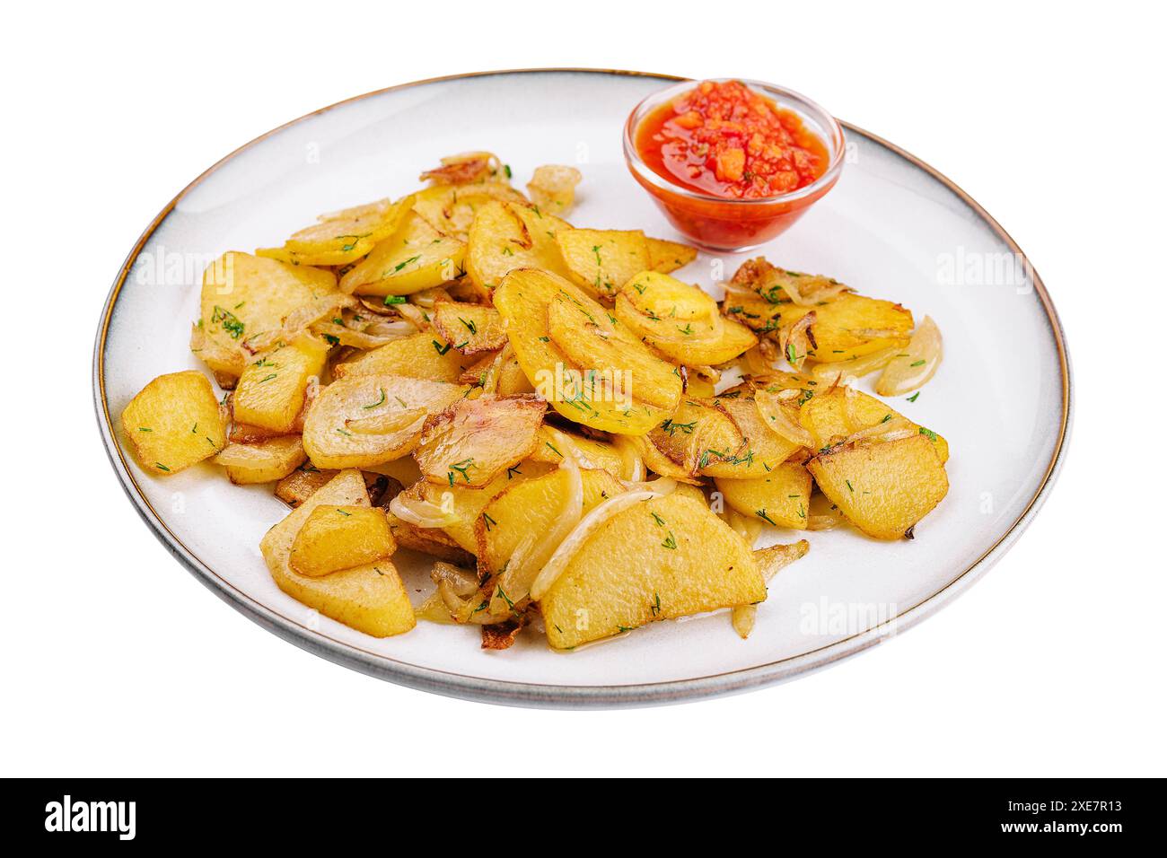 Gebratene Kartoffeln mit Zwiebeln mit Petersilie und Sauce Stockfoto