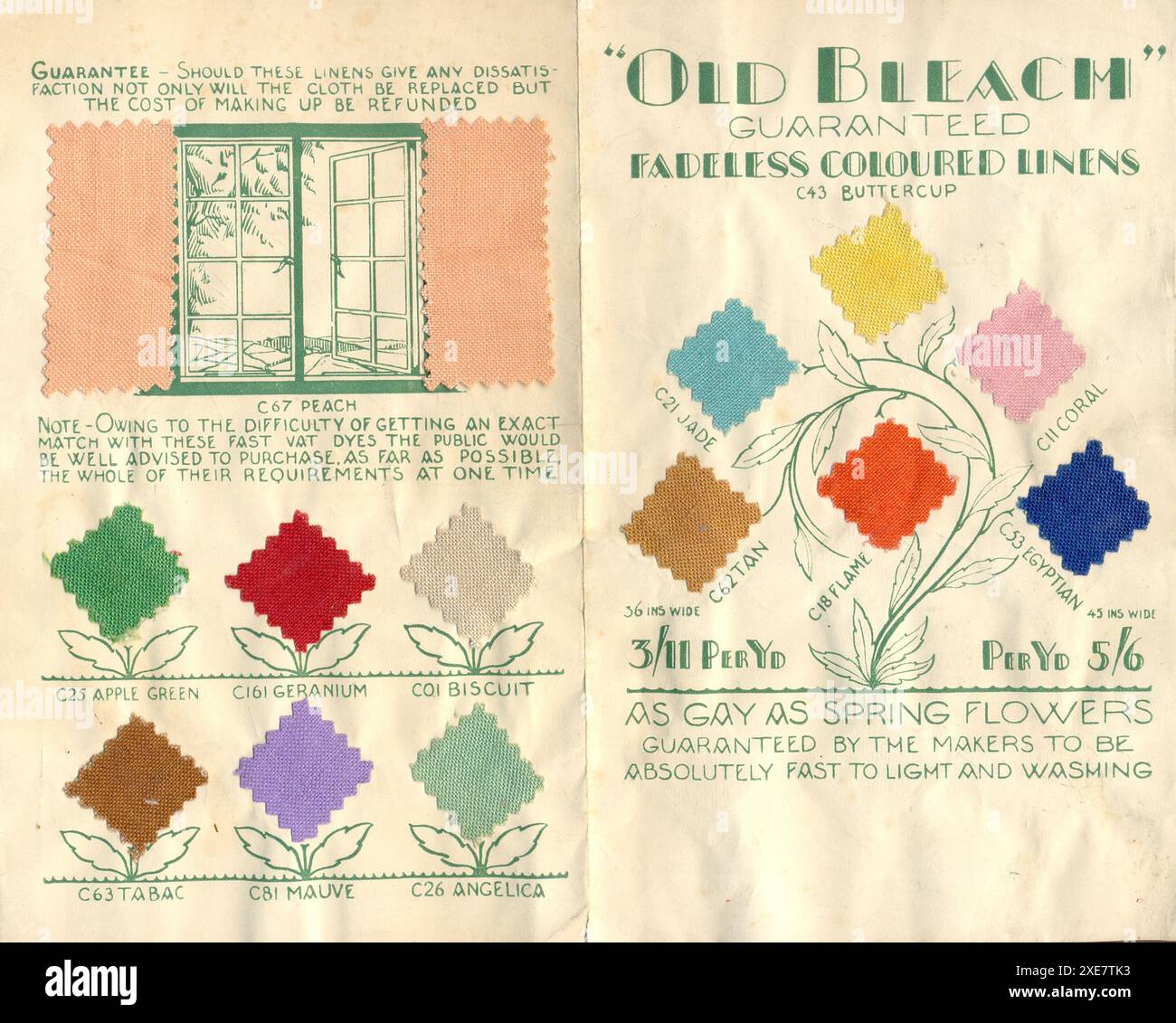 Werbebroschüre für „Old Bleach“ garantiert Fadeless farbige Bettwäsche so schwul wie Frühlingsblumen. Garantiert von den Herstellern, dass sie absolut schnell zum Anzünden und Waschen sind. Um 1935 Stockfoto