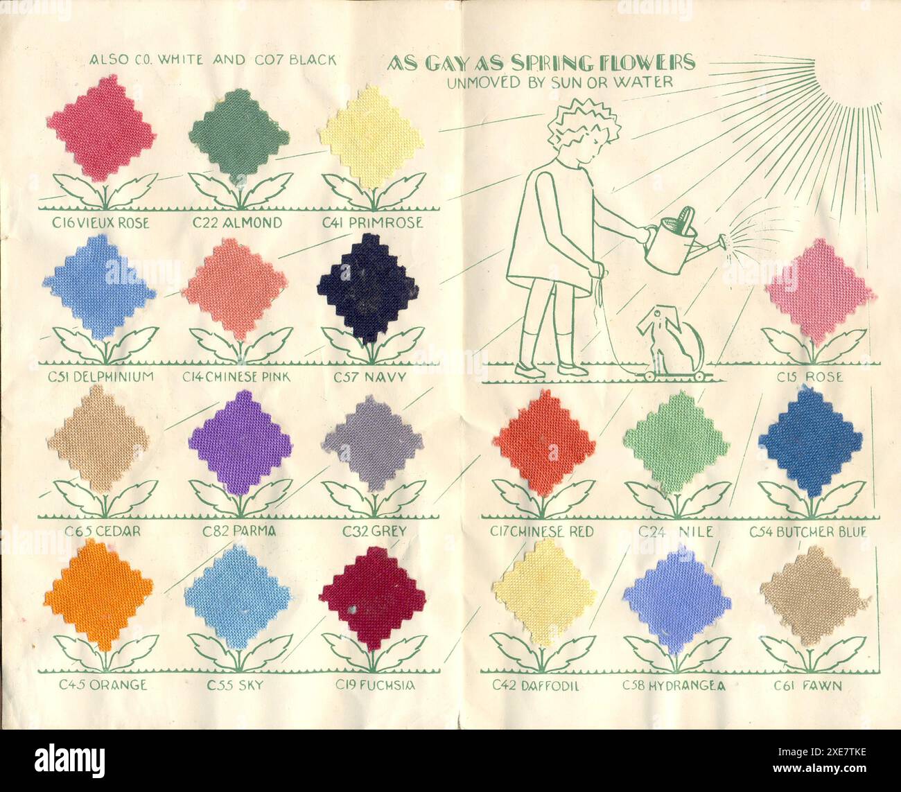 Werbebroschüre für „Old Bleach“ garantiert Fadeless farbige Bettwäsche so schwul wie Frühlingsblumen. Garantiert von den Herstellern, dass sie absolut schnell zum Anzünden und Waschen sind. Um 1935 Stockfoto