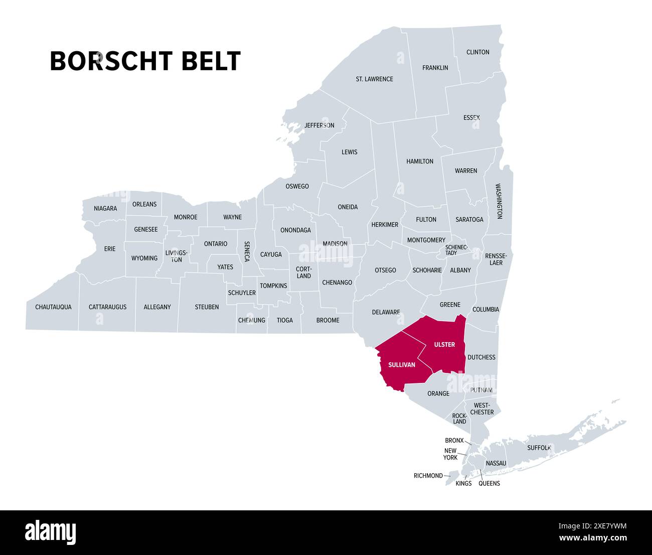 Borschtgürtel oder Jiddische Alpen, politische Karte. Umgangssprachliche Bezeichnung für meist nicht mehr existierende Sommerresorts in den Catskill Mountains und Sullivan und Ulster County. Stockfoto
