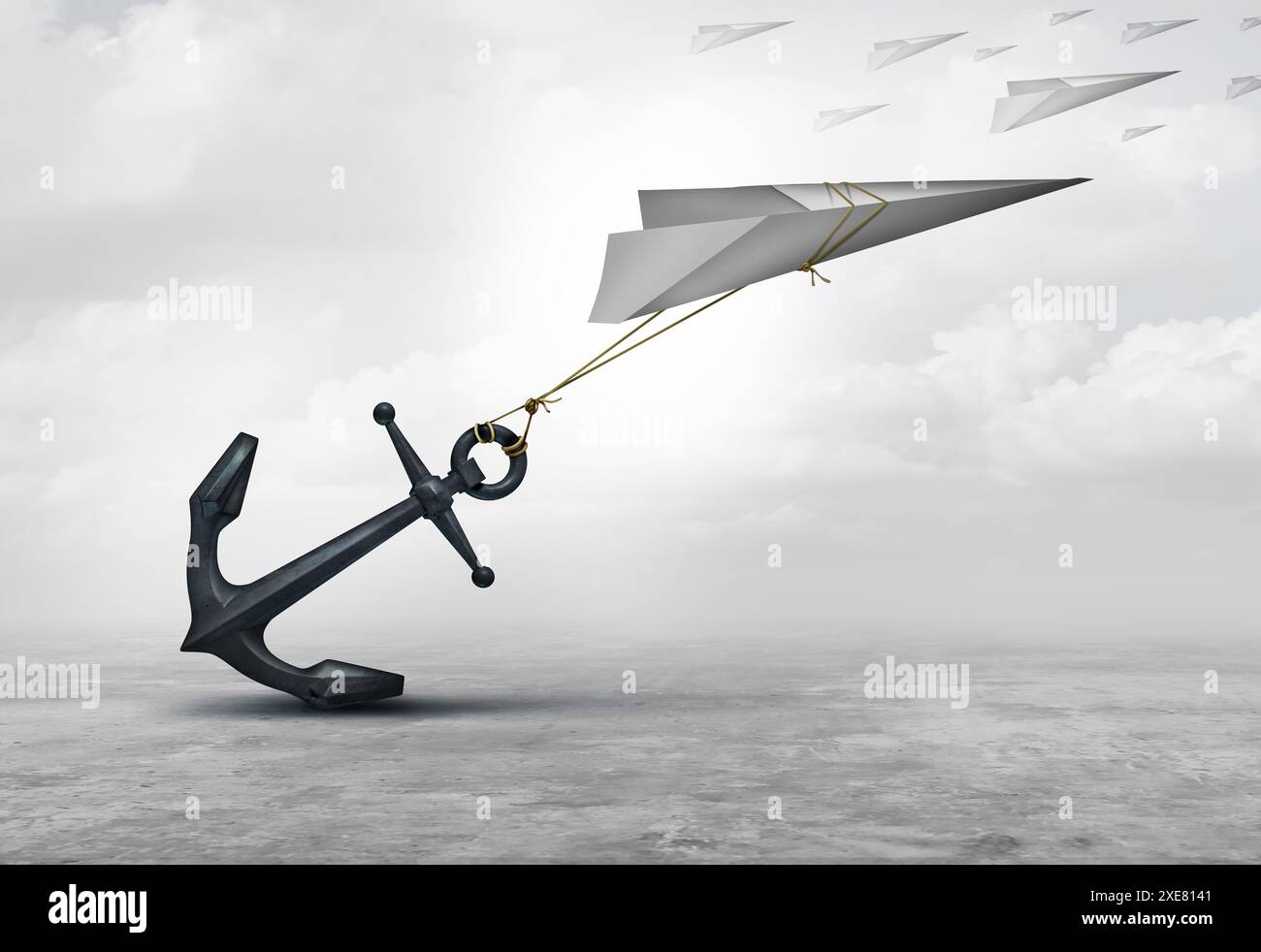 Als Metapher von Gelegenheiten und Hindernissen für den Fortschritt behindert oder als Symbol für Papierflugzeuge nach unten gezogen. Stockfoto